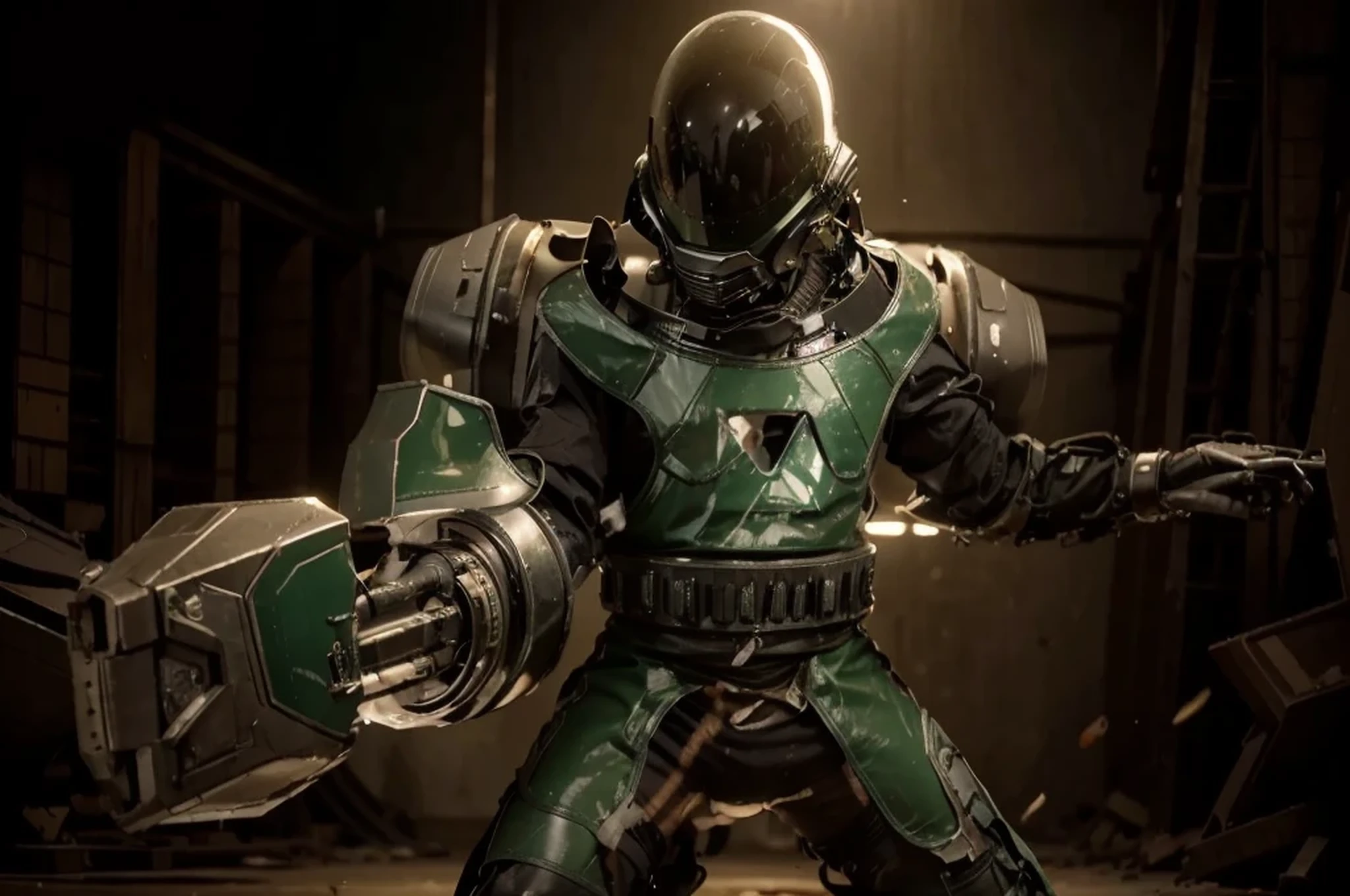 male soldier running, ultra modern green latex chemical suit, heavy cybernetic armor in black color with red color details, helmet is a green transparent glass dome, metal shoulder pads, metal wrist, holds an advanced cannon, has a metal tank on his back, military boots, he is in a totally destroyed post apocalyptic city, 4k, ultra detailed image, realistic, very detailed, perfect composition, splendid, intricately detailed, incredibly detailed, art photography 8k, hyper detailed, Masterpiece, ultra detailed, hyper realistic, 4k, ultra detailed image, realistic, highly detailed, perfect composition, splendid, intricately detailed, incredibly detailed, Artistic photography in 8k, hyper detailed