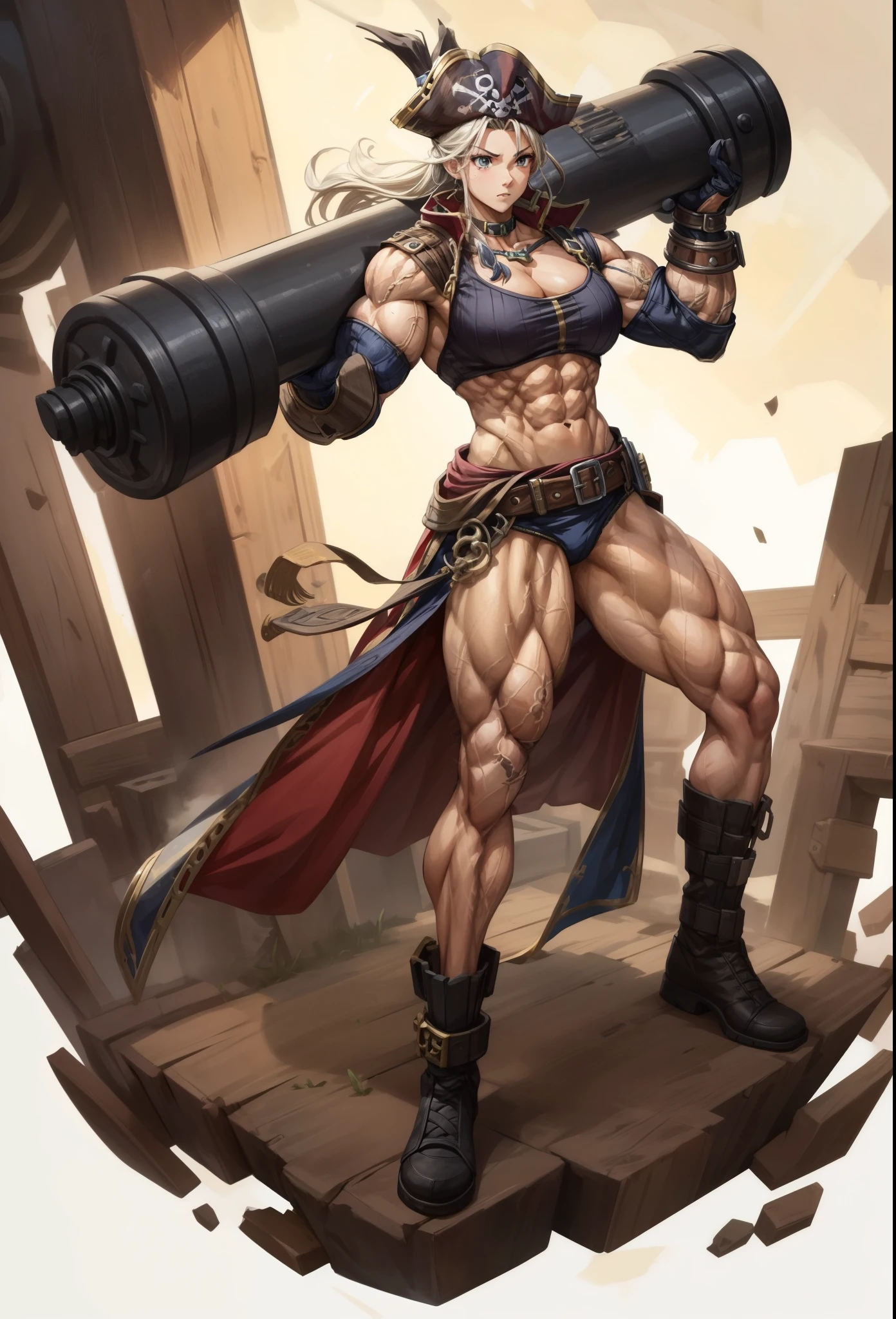  , best quality,1 girl, female,,beautiful,muscular ,,pirate,muscular shoulder,,,muscular female, alternate muscle size,cannon