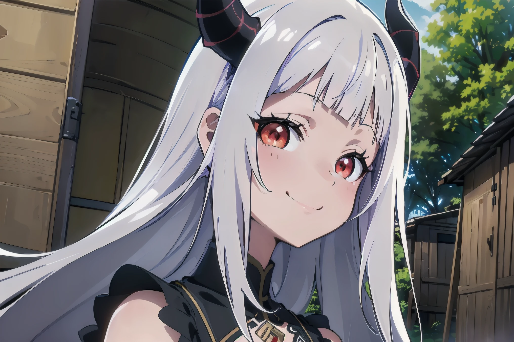 Concept art, ((CG)), zoom in face, left view, cinematic vision, bochechas super coradas, ((1girl aranha)), Lolita, ((((long White hair)))), ((horns)), (((red eyes))), ((((6 eyes)))), ((corpo de aranha)), (((blunt bangs))), sorriso lindo, ((cabelo emaranhado)), ((((smilling)))), desleixada, ((melhor qualidade)), (((black dress))), envergonhada, ((obra de arte)), (detalhado), foco no sorriso, ((corada)), rosto perfeito, ((style novel)), cores beautiful, ((((anime_collors)))), ((in wooden huts built in the forest)), (Solo)