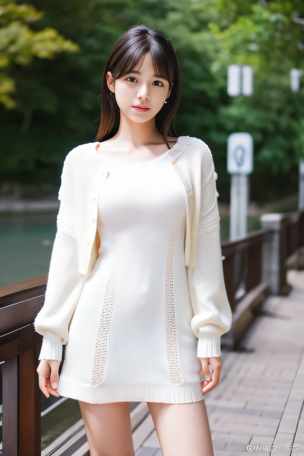 highest quality，masterpiece，ultra high resolution，（realistic：1.4），（Turn off portraits）Raw photo，Female student，masterpiece，realistic pictures，japanese pictures，fujifilm negative，low saturation，low contrast，Medium chest、white mini knit dress、Full body photo taken outdoors
