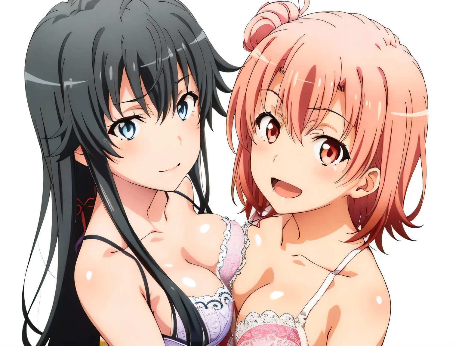 2 girls , Yukinoshita Yukino , Yuigahama Yui has well-shaped breasts. , waltz dance , look forward to,In underwear,whole body,pink silk panties,white silk panties,high angle,look at the camera,open mouth smile,