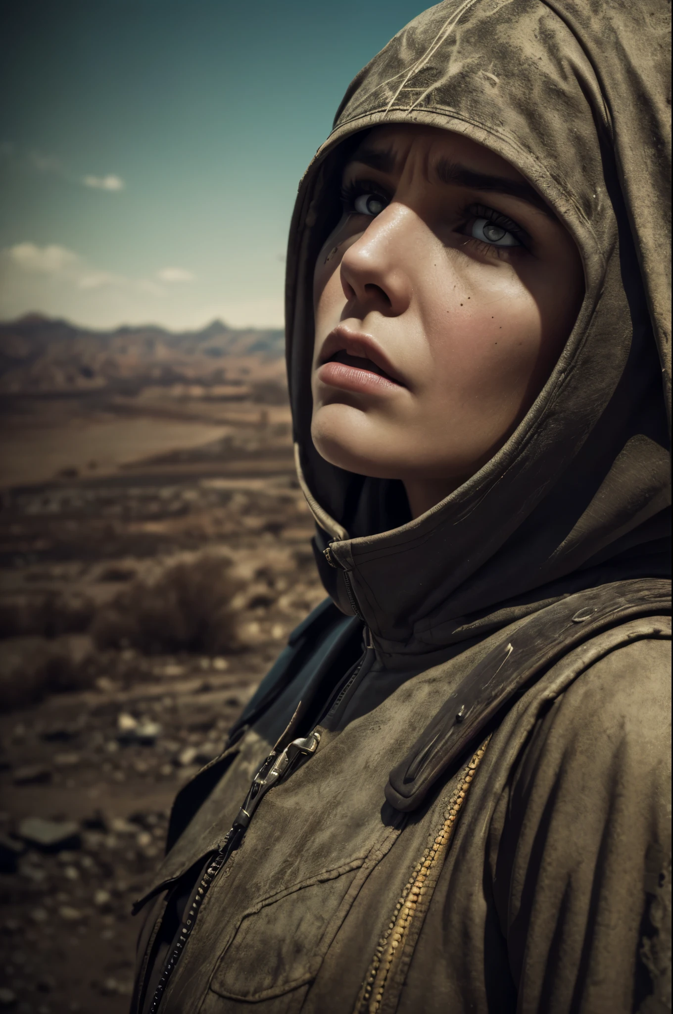 (Realistic:1.4), analog photo style, depth of field, Vivid colors, fragile, vulnerable, female reaper, sad, worried expression, looking away, professional photoset in post-apocalyptic style, insanely detailed, intricate wasteland landscape background, (((masterpiece))), top quality, 8K, ultra high resolution, high contrast, low saturation