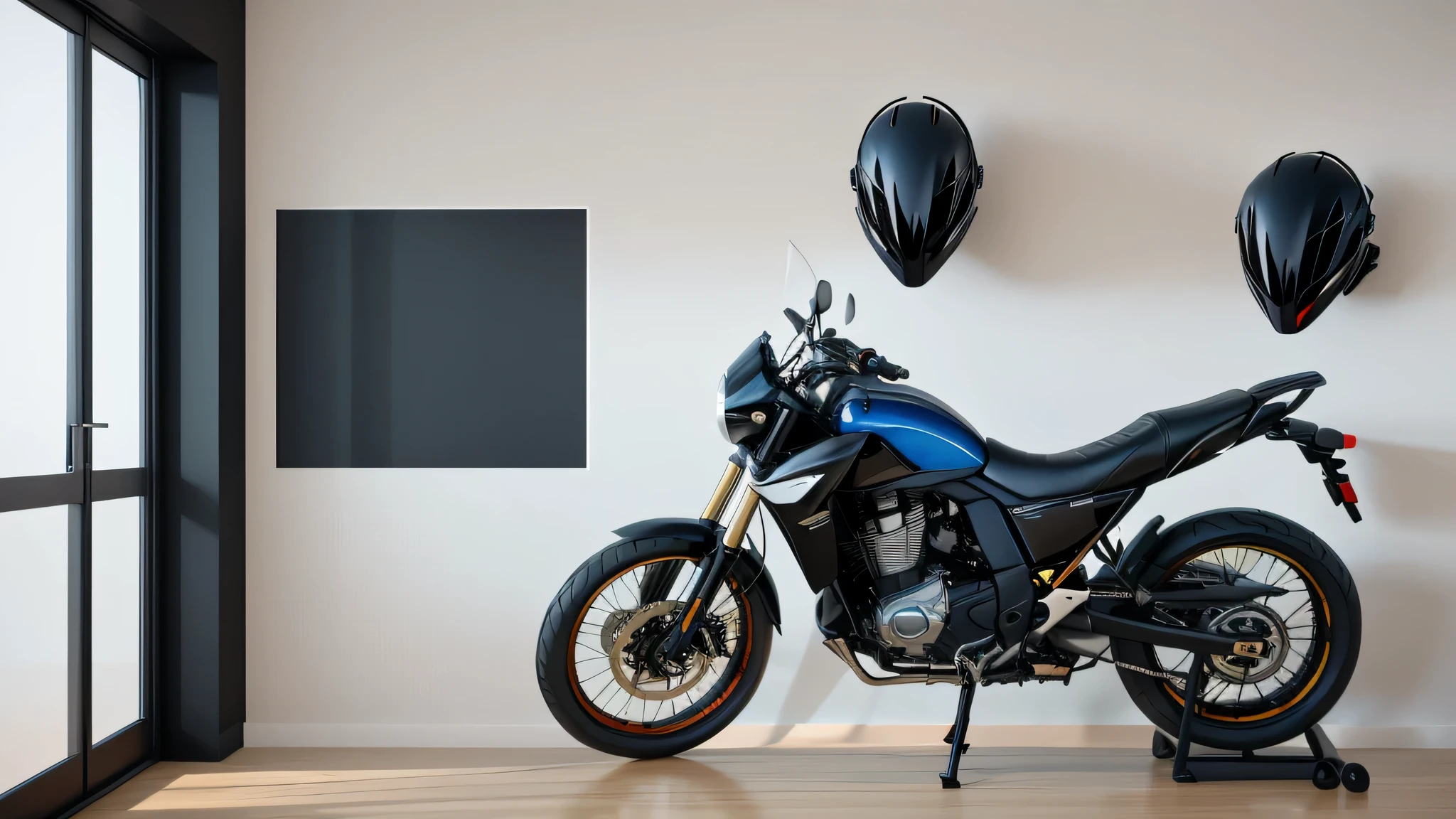 best quality,4K,8K,high resolution,masterpiece:1.2,Super detailed,actual,photoactual,photo-actual:1.37,high dynamic range,ultra high definition,studio lighting,Ultra-fine coating,sharp focus,Physically based rendering,extremely detailed description,professional,bright colors,Bokeh,motorcycle equipment,motorcycle helmet,Helmet stand,indoor environment,mounted on wall,Wall-mounted,modern interior decoration,modern style,Home Decoration,fashionable,Feature,actual,Organized