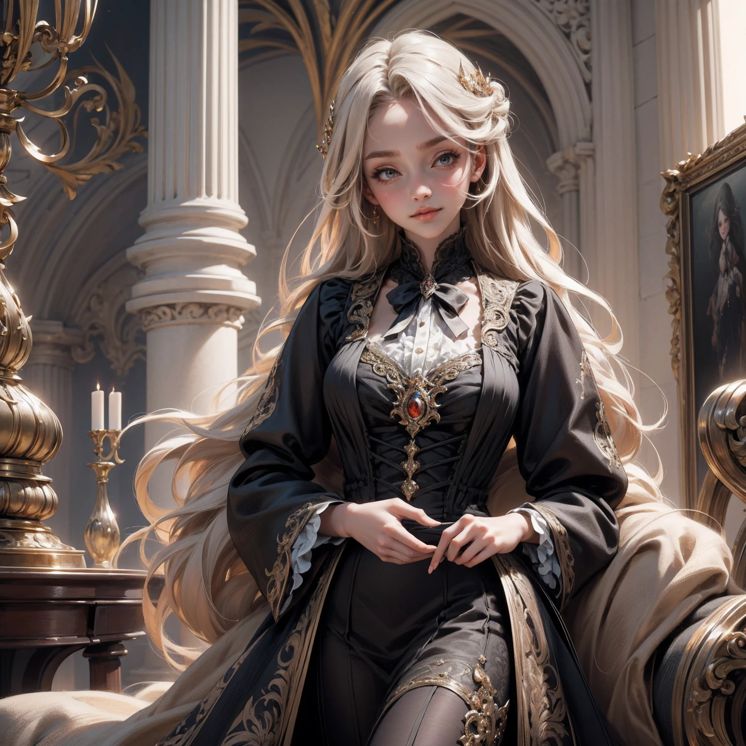{ - anatomy error}(Masterpiece - Ultra-detailed, very high resolution) Prepare to be enchanted by a true masterpiece that combines ultra-detailed art with high-resolution rendering. This work depicts a mesmerizing woman with very long blond hair (1.3) and captivating gray eyes (1.2), emanating an aura of elegance and mystery in Victorian settings. The intricate details and realistic textures invite you to explore every aspect of this enchanting composition. Woman wearing beautiful classic Victorian costume from the year 1878. Red lips. Happy face. Smiling. red (gold) dress.. Walking, writing, lying down, standing, on your back, dynamic poses, whole body. dynamic poses. Get ready to dive into a world where beauty and craftsmanship merge perfectly.