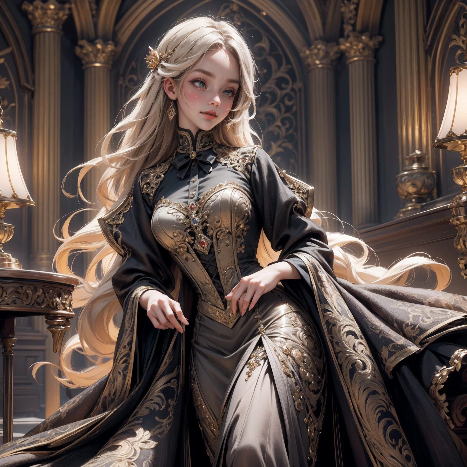 { - anatomy error}(Masterpiece - Ultra-detailed, very high resolution) Prepare to be enchanted by a true masterpiece that combines ultra-detailed art with high-resolution rendering. This work depicts a mesmerizing woman with very long blond hair (1.3) and captivating gray eyes (1.2), emanating an aura of elegance and mystery in Victorian settings. The intricate details and realistic textures invite you to explore every aspect of this enchanting composition. Woman wearing beautiful classic Victorian costume from the year 1878. Red lips. Happy face. Smiling. red (gold) dress.. Walking, writing, lying down, standing, on your back, dynamic poses, whole body. dynamic poses. Get ready to dive into a world where beauty and craftsmanship merge perfectly.