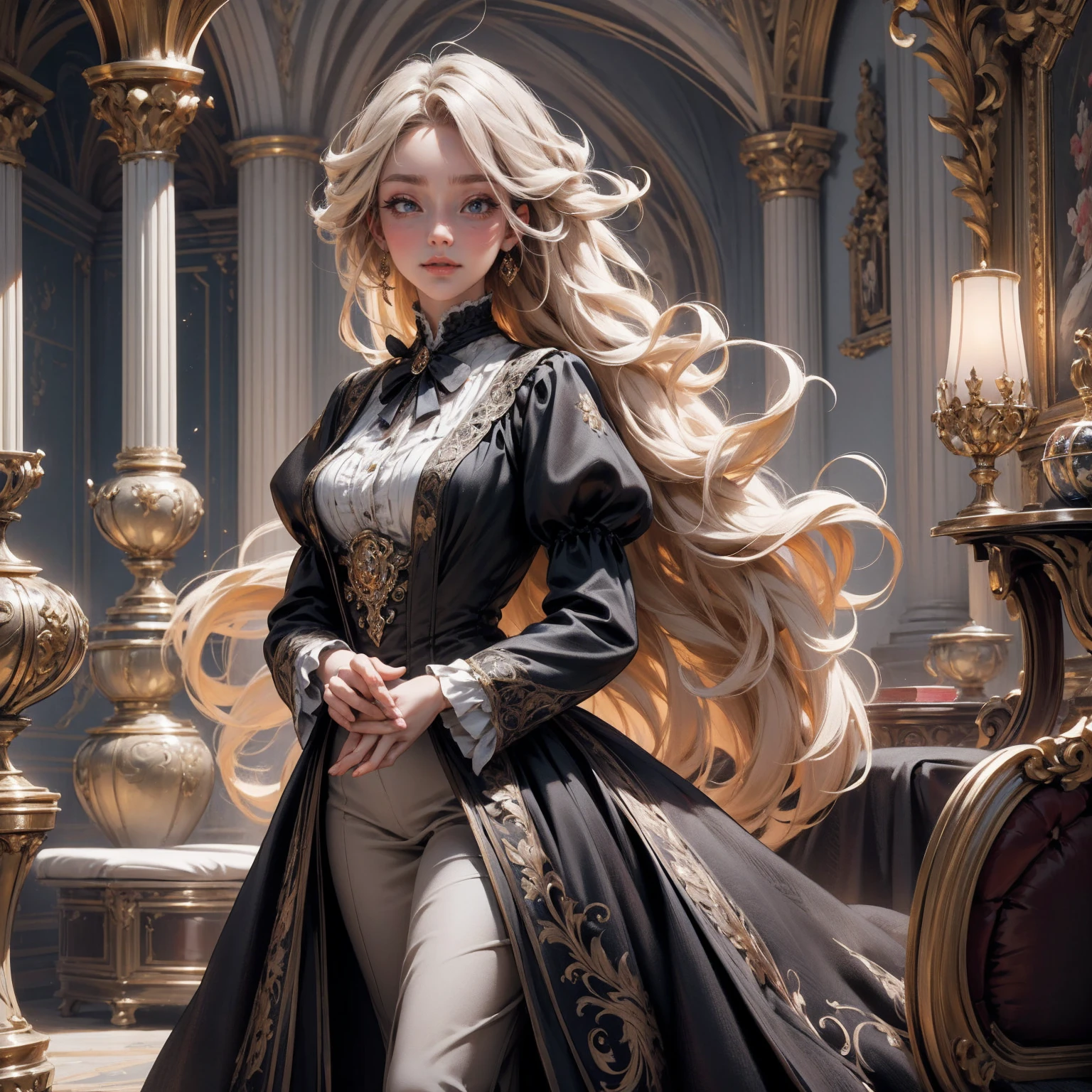 { - anatomy error}(Masterpiece - Ultra-detailed, very high resolution) Prepare to be enchanted by a true masterpiece that combines ultra-detailed art with high-resolution rendering. This work depicts a mesmerizing woman with very long blond hair (1.3) and captivating gray eyes (1.2), emanating an aura of elegance and mystery in Victorian settings. The intricate details and realistic textures invite you to explore every aspect of this enchanting composition. Woman wearing beautiful classic Victorian costume from the year 1878. Red lips. Happy face. Smiling. red (gold) dress.. Walking, writing, lying down, standing, on your back, dynamic poses, whole body. dynamic poses. Get ready to dive into a world where beauty and craftsmanship merge perfectly.