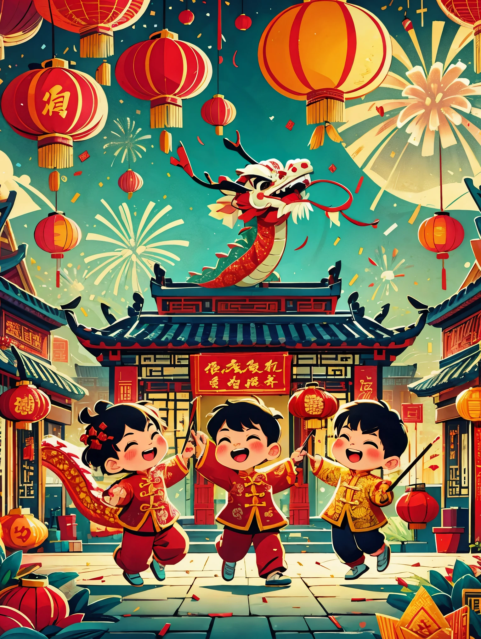 (masterpiece, best quality:1.2), vitality, joy, vector style, illustration, CNY, children, ((dragon dance)), fireworks, lantern, couplets, firecracker, red envelopes, Chinese rural architecture, festive, rich and colorful, Chinese traditional clothing, Spring Festival decoration, Traditional cultural elements, Town Square，Ultra-high saturation，Colorful, bright, super high quality, bright