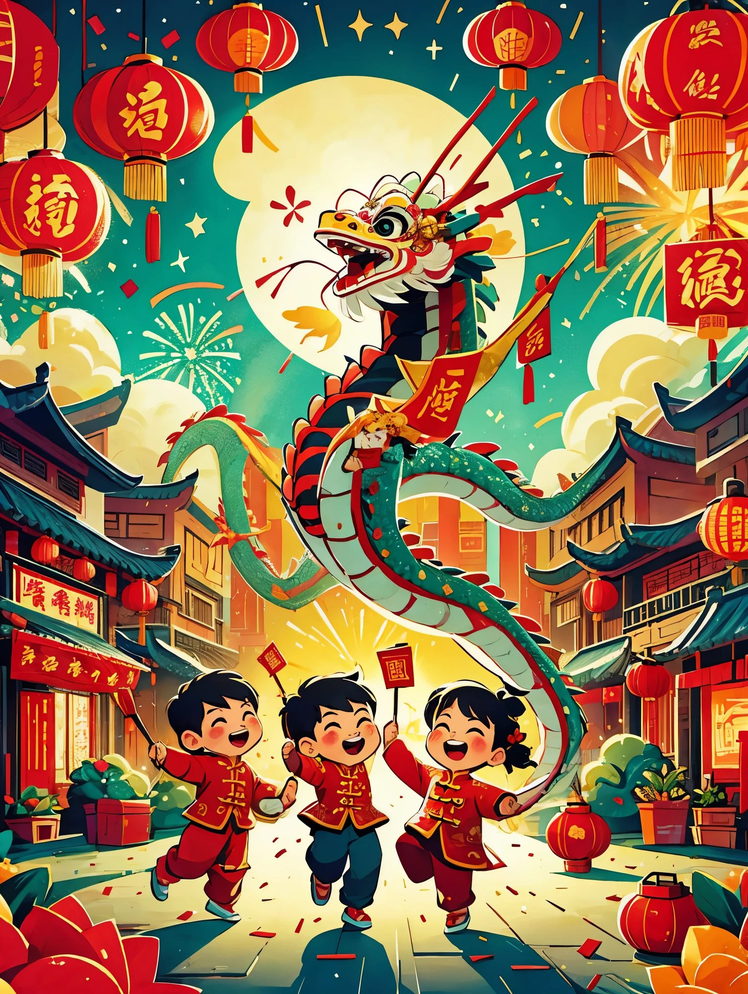 (masterpiece, best quality:1.2), vitality, joy, vector style, illustration, CNY, children, ((dragon dance)), fireworks, lantern, couplets, firecracker, red envelopes, Chinese rural architecture, festive, rich and colorful, Chinese traditional clothing, Spring Festival decoration, Traditional cultural elements, Town Square，Ultra-high saturation，Colorful, bright, super high quality, bright