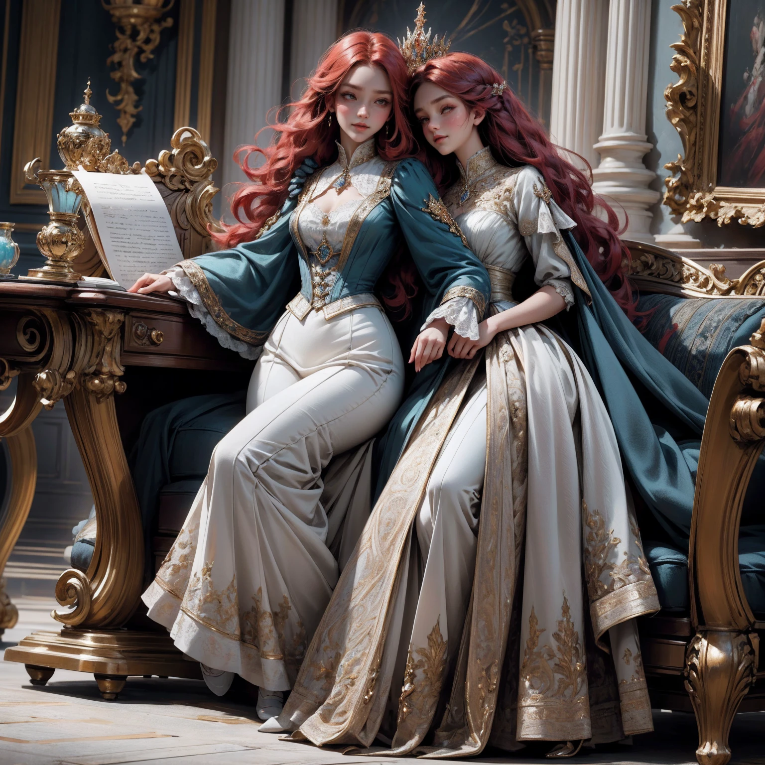 { - anatomy error}(Masterpiece - Ultra-detailed, very high resolution) Prepare to be enchanted by a true masterpiece that combines ultra-detailed art with high-resolution rendering. This work depicts a mesmerizing woman with very long red hair (1.3) and captivating opal eyes (1.2), emanating an aura of elegance and mystery in Victorian settings. The intricate details and realistic textures invite you to explore every aspect of this enchanting composition. Woman wearing beautiful classic Victorian costume from the year 1878. Red lips. Happy face. Smiling. light blue (gold) dress. Walking, writing, lying down, standing, on your back, dynamic poses., whole body. dynamic poses. Get ready to dive into a world where beauty and craftsmanship merge perfectly.