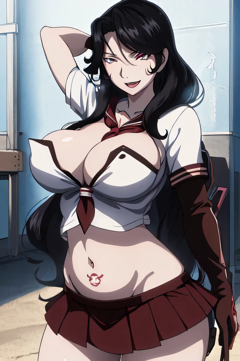 Lust, 1girl, solo, big breasts, chest tattoo, lips, gloves, masterpiece, best quality, highly detailed, a anime girls in sailor uniforms with a gun posing for a picture,
evil smile, smile, open mouth,black_serafuku, ecchi anime style, anime girls , (nsfw) not safe for work,
ecchi style, ecchi, shipgirls, digital anime art!!, high school girls, in anime style, official artwork, beautiful
anime high school girl, anime style 4 k, micro skirt, exposed belly, exposed navel, exposed midriff,
exposed lower belly,school, classroom, navel piercing