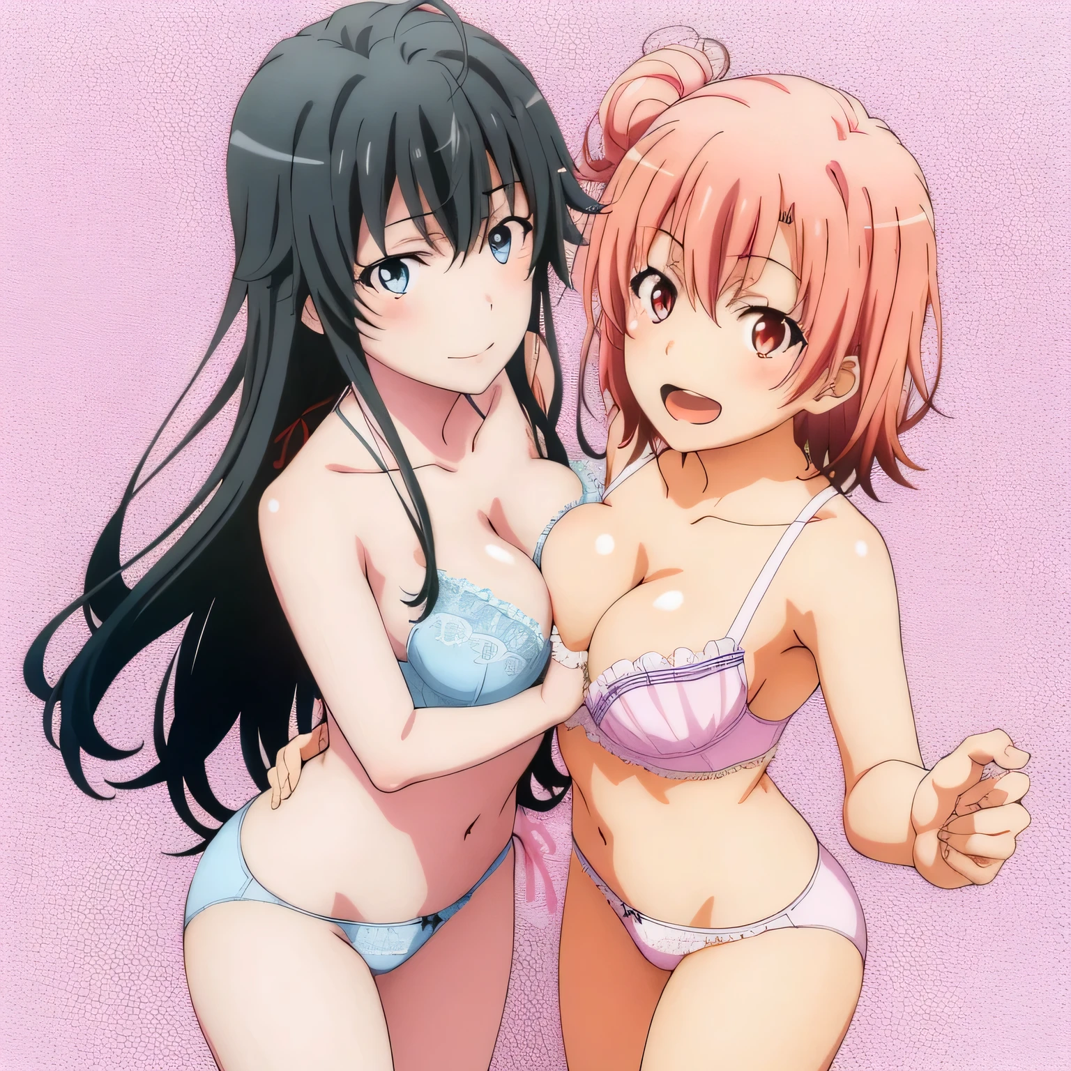2 girls , Yukinoshita Yukino , Yuigahama Yui has well-shaped breasts. , waltz dance , I'm looking forward to,In underwear,whole body,pink silk panties,white silk panties,high angle,look at the camera,open mouth smile,