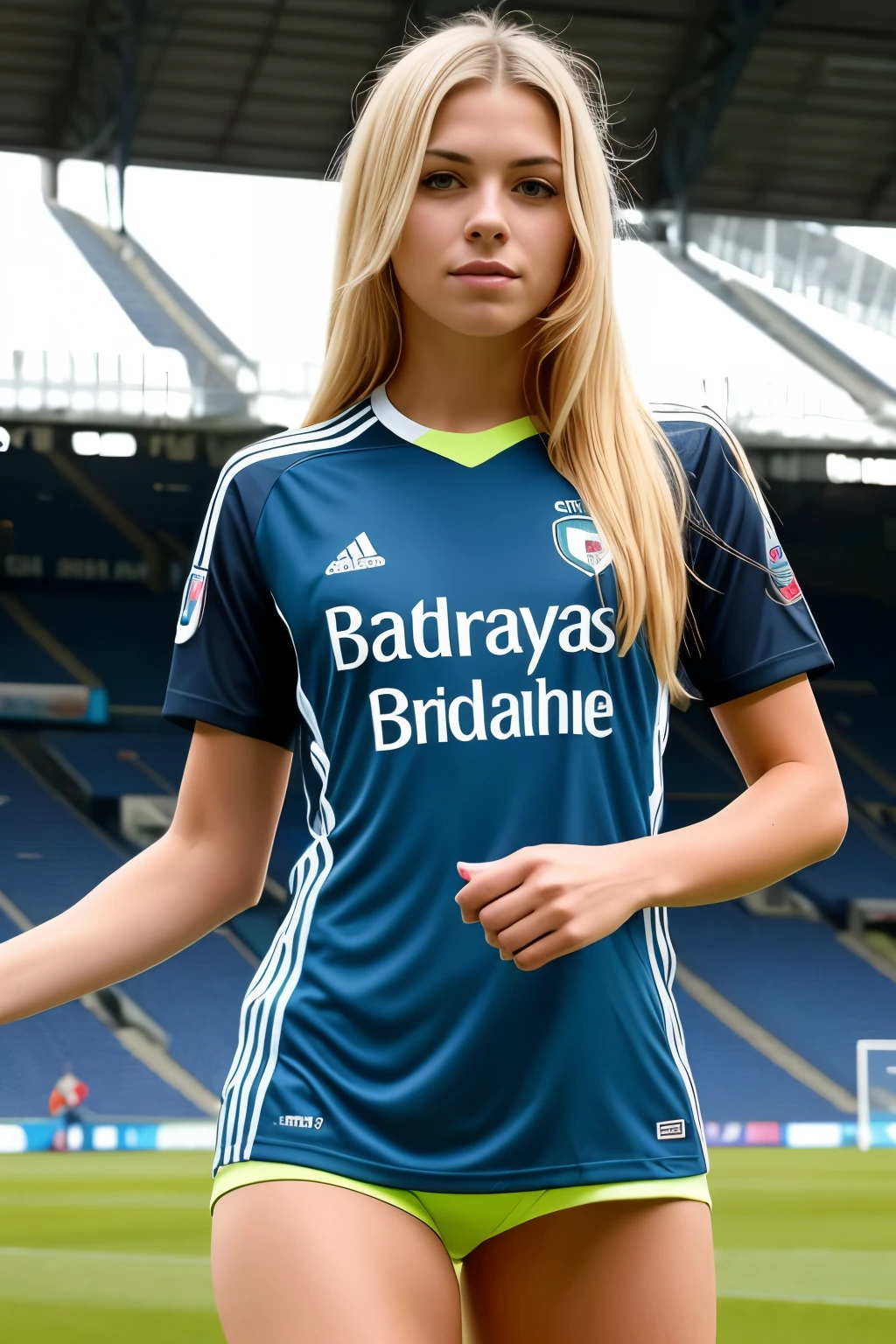 soccer player woman, blonde, t shirt colors blue white and black striped, Gremio FBPA, in stadium, very beautiful