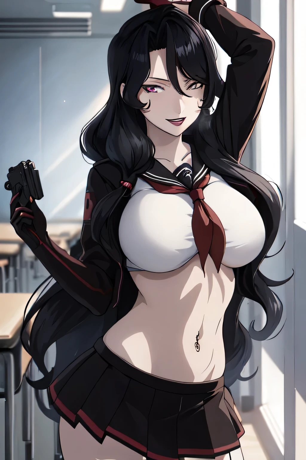 Lust, 1girl, solo, big breasts, chest tattoo, lips, gloves, masterpiece, best quality, highly detailed, a anime girls in sailor uniforms with a gun posing for a picture,
evil smile, smile, open mouth,black_serafuku, ecchi anime style, anime girls , (nsfw) not safe for work,
ecchi style, ecchi, shipgirls, digital anime art!!, high school girls, in anime style, official artwork, beautiful
anime high school girl, anime style 4 k, micro skirt, exposed belly, exposed navel, exposed midriff,
exposed lower belly,school, classroom, navel piercing