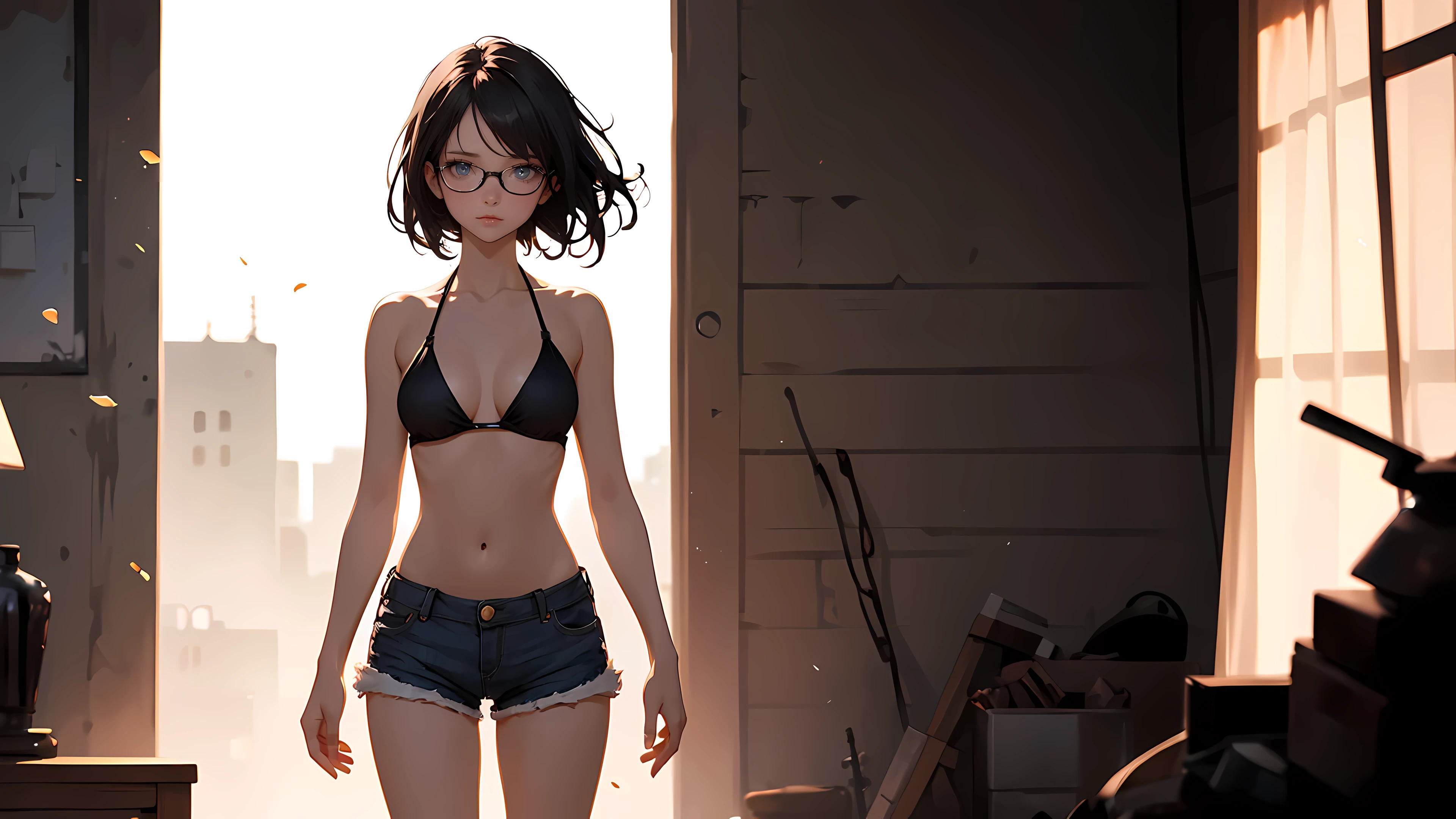 ((1girl)), one beautiful girl, detailed beautiful hair, detailed beautiful eyes, short black hair, glasses, black bikini top, jean shorts, standing, dramatic pose, cowboy shot, cinematic lighting, dramatic lighting,