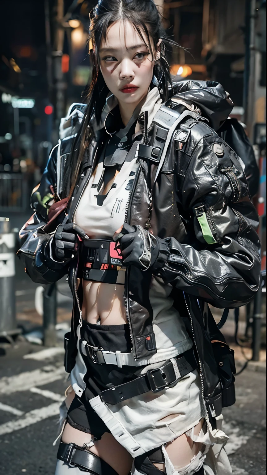 there is a woman in a costume that is standing on the street, wearing techwear and armor, photograph of a techwear woman, wearing cyberpunk leather jacket, cyberpunk style outfit, female cyberpunk anime girl, cyberpunk outfit, wearing cyberpunk streetwear, cyberpunk outfits, cyberpunk streetwear, cyberpunk techwear, cyberpunk 2 0 y. o model girl, wearing space techwear, has cyberpunk style