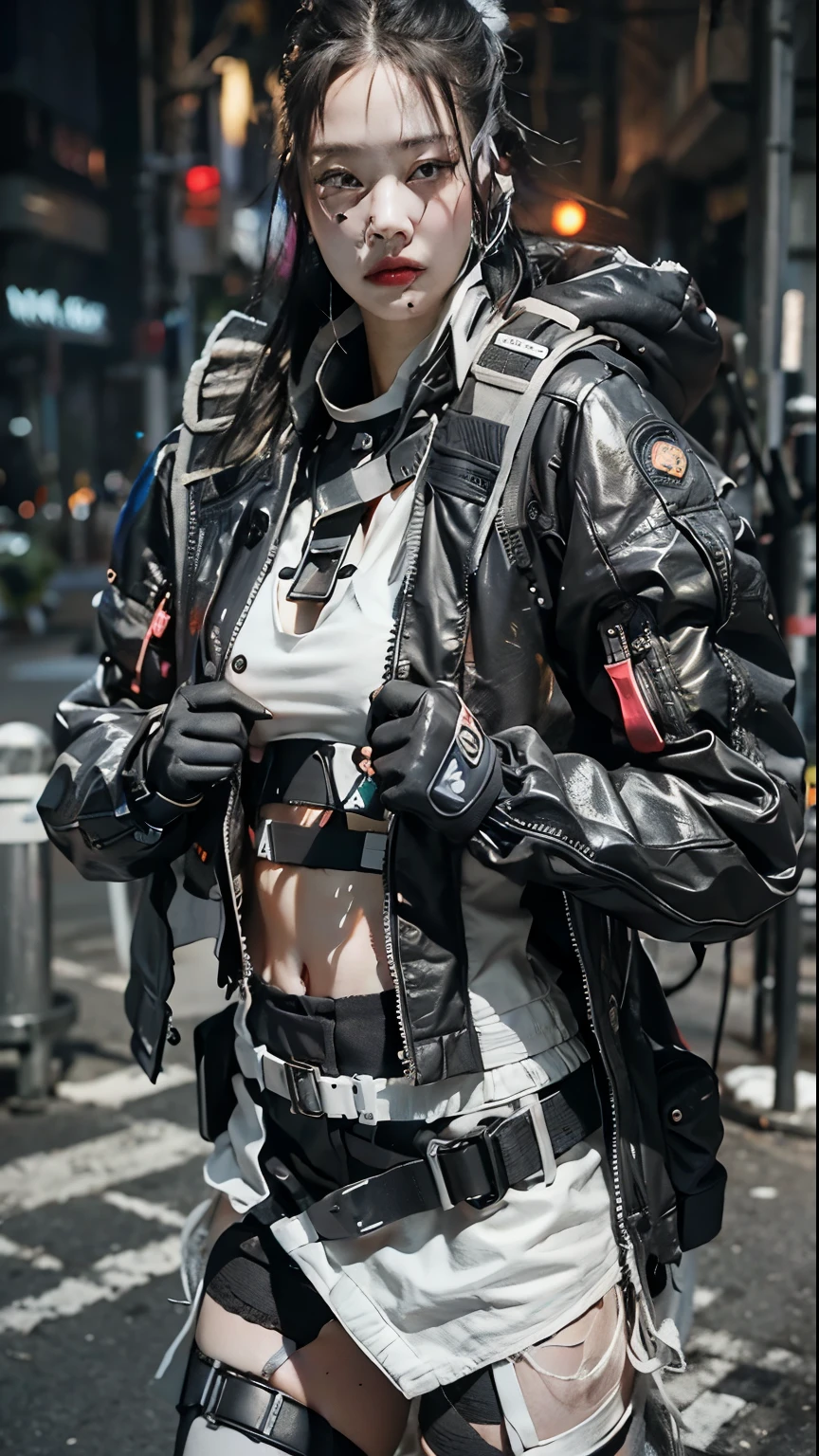 there is a woman in a costume that is standing on the street, wearing techwear and armor, photograph of a techwear woman, wearing cyberpunk leather jacket, cyberpunk style outfit, female cyberpunk anime girl, cyberpunk outfit, wearing cyberpunk streetwear, cyberpunk outfits, cyberpunk streetwear, cyberpunk techwear, cyberpunk 2 0 y. o model girl, wearing space techwear, has cyberpunk style