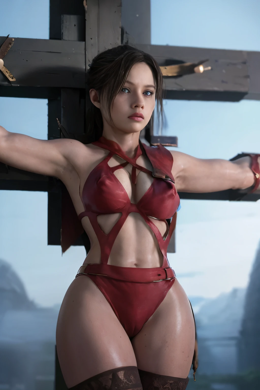 highest quality,masterpiece,UHD, Super detailed, 8K,(Beautiful woman),(Beautiful woman alone),((crucifixion:1.5)),((cross)),(execution),((incontinence)),scared,torture,slave,((Woman made crucifixion by cross:1.5)),crucifixion刑,((supergirl)),blue suit,Superman logo on chest,red skirt,((torn costume:1.5)),((Tearing of clothes:1.5)),(tattered clothes),((bruises on body)),scars on body,injured face and body,(Bruise, dirty, torn clothes, revealing clothes, Blood:1.3),Defeated heroine,a devastated world,ruins,abandoned building,(burning at the stake),((roasted over fire:1.2))