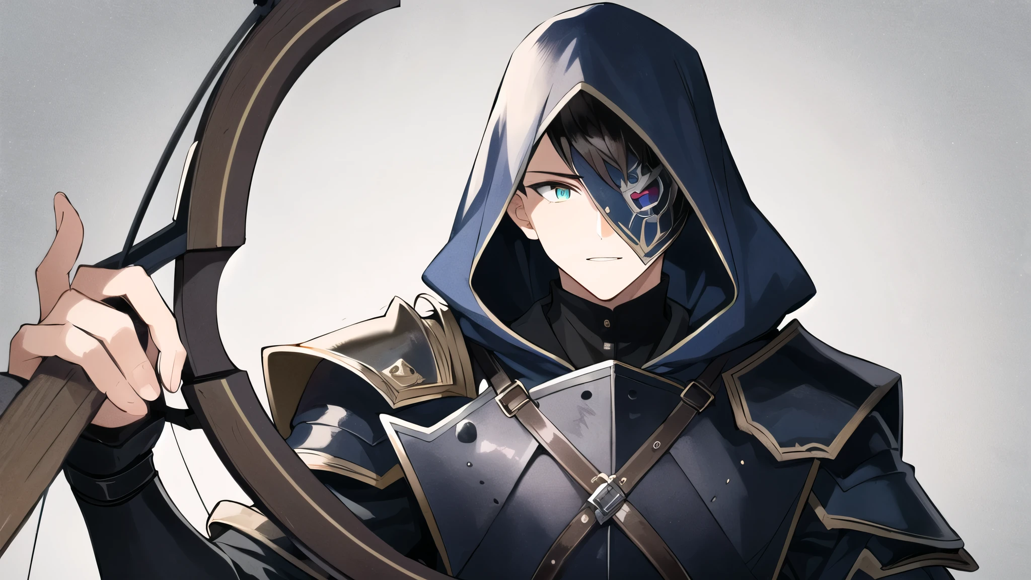 a male，Wearing black leather armor，With a bow and arrow，Half of the silver mask on the face，With a cloak behind him，clear eyes，Two eyes，clear-cut eyes，There is only one person in the picture