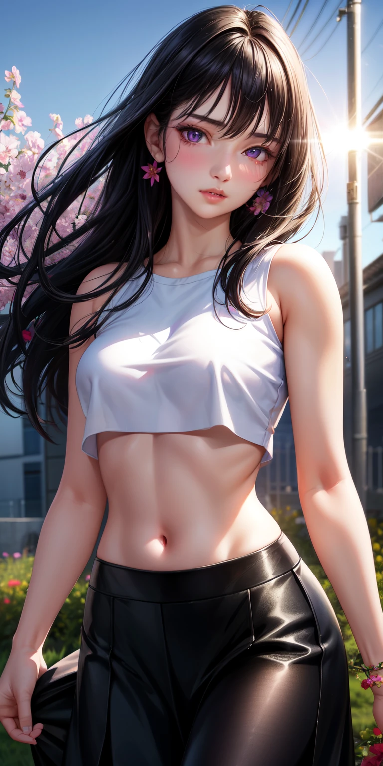 ((Realistic lighting, Best quality, 8K, Masterpiece: 1.3)), Clear focus: 1.2, 1girl, Perfect Figure: 1.4, Slim Abs: 1.1, ((Dark brown hair)), (White crop top: 1.4), (Outdoor, Night: 1.1), City streets, Super fine face, Fine eyes, Double eyelids,