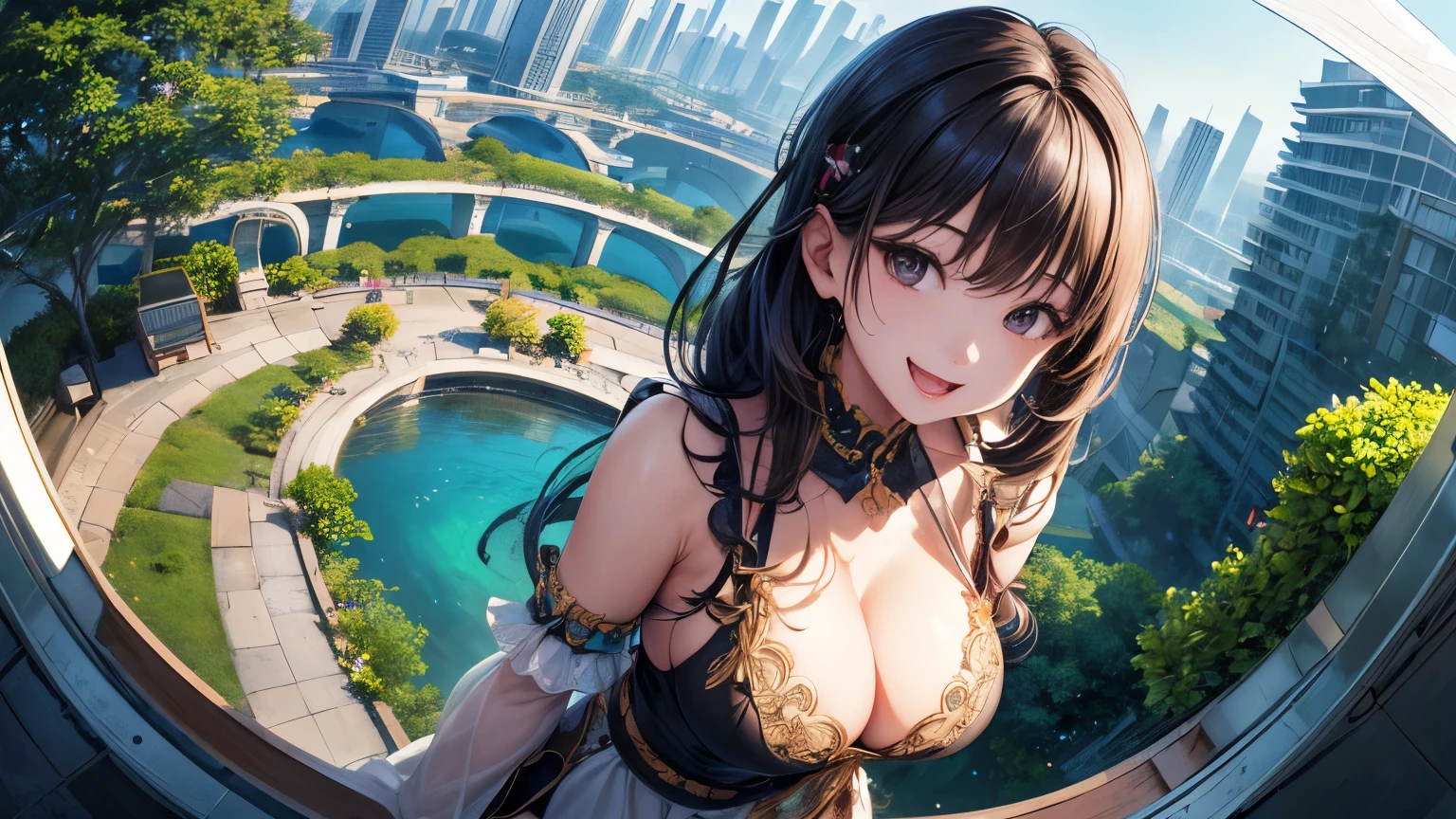 High resolution、Super detailed、(1 girl:1.3)、complex architecture、lush garden、Designing images using the fisheye effect、Capture a wide field of view with a unique curved perspective、panoramic cityscape、Creating elevation-aware rooftop views in urban environments、smile、cleavage、close up of face