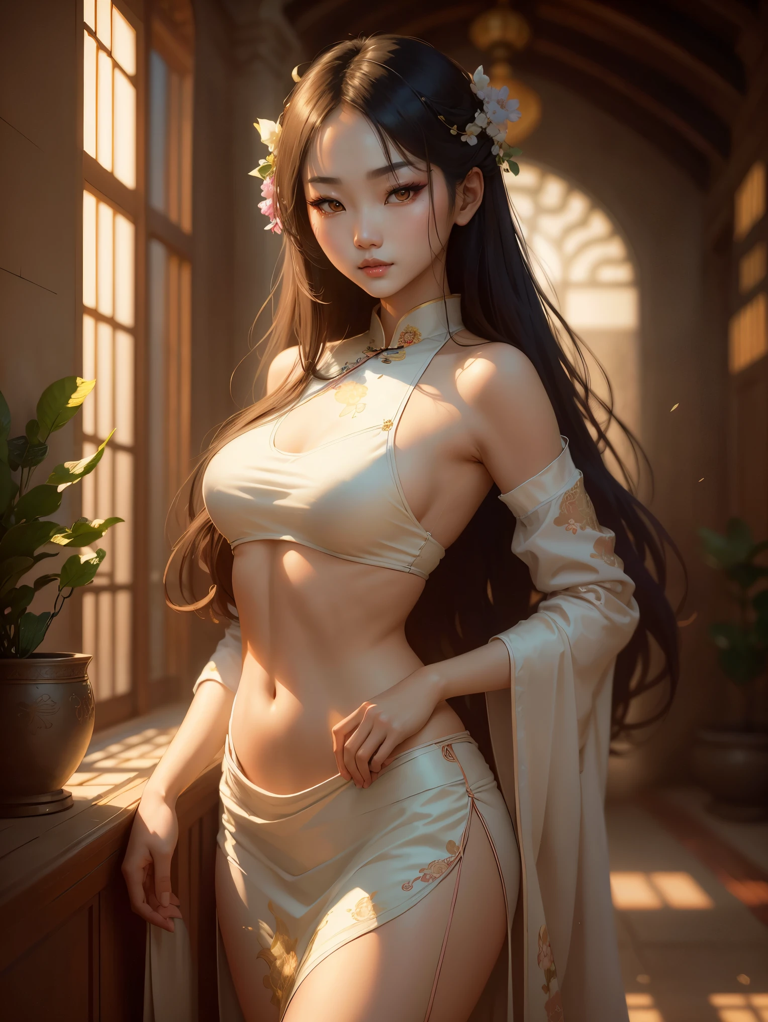 soft_light, (((soft lighting, Masterpiece portrait of Asian goth beauty wearing Cheongsam|bikini))), long hair, beauty mark, standing in A cozy small garden pool of an ancient Alhambra building, Persia-inspired, colorful pillows, and carpets, by Greg Rutkowski dynamic lighting hyperdetailed intricately detailed triadic colors Unreal Engine 5 volumetric lighting with god's rays Alphonse Mucha WLOP Jordan Grimmer. soft shadows.