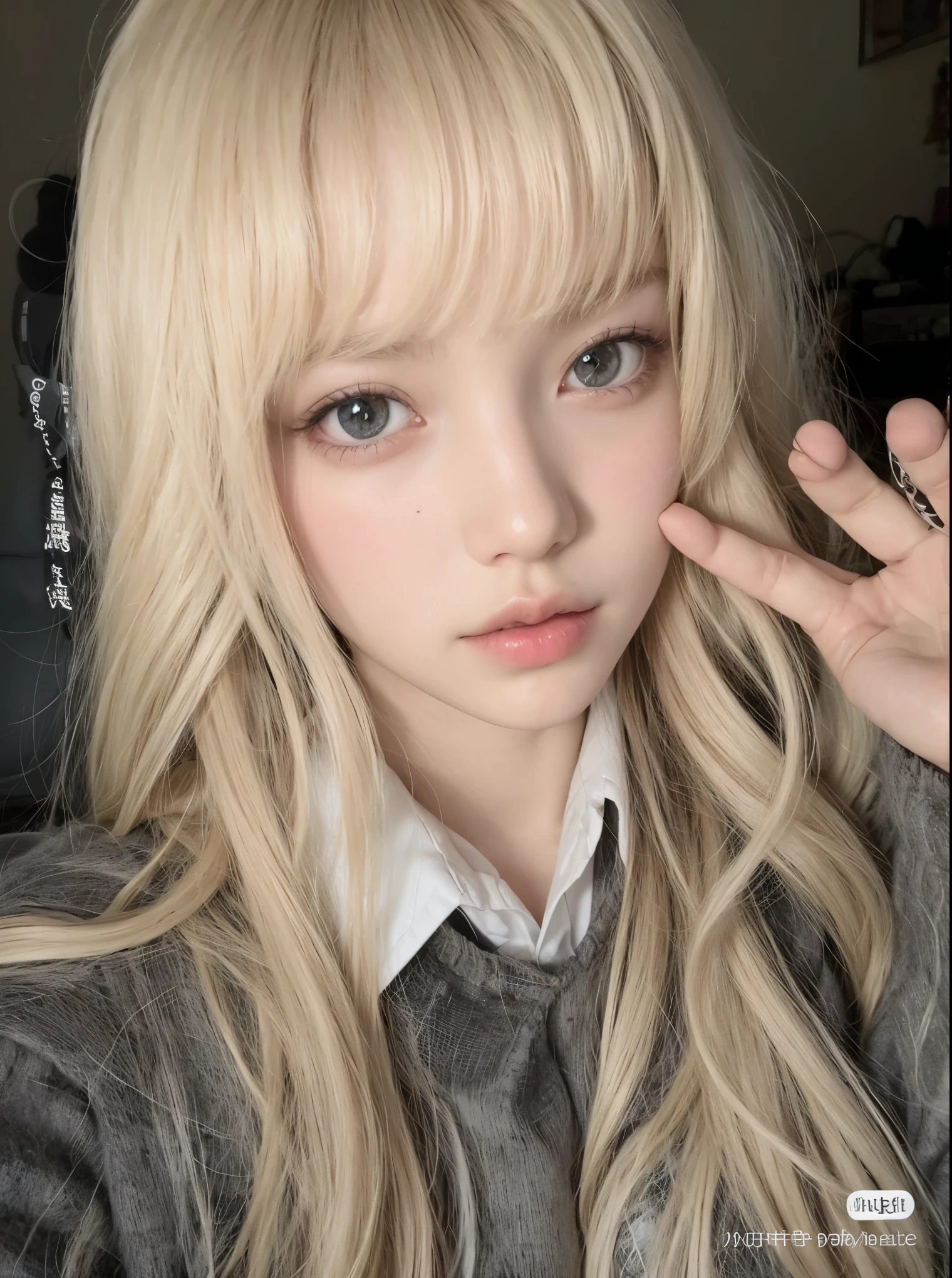 Chica rubia con pelo largo y flequillo posando para una foto., ulzzang, pelo largo y rubio y ojos grandes, linda cara de anime natural, Lalisa Manobal, con pelo largo y ojos penetrantes, long cabello rubio y ojos grandes, shikami, cabello rubio y ojos grandes, retrato realista kawaii, chica anime en la vida real, sakimichan, blackpink jennie, Blackpink lisa