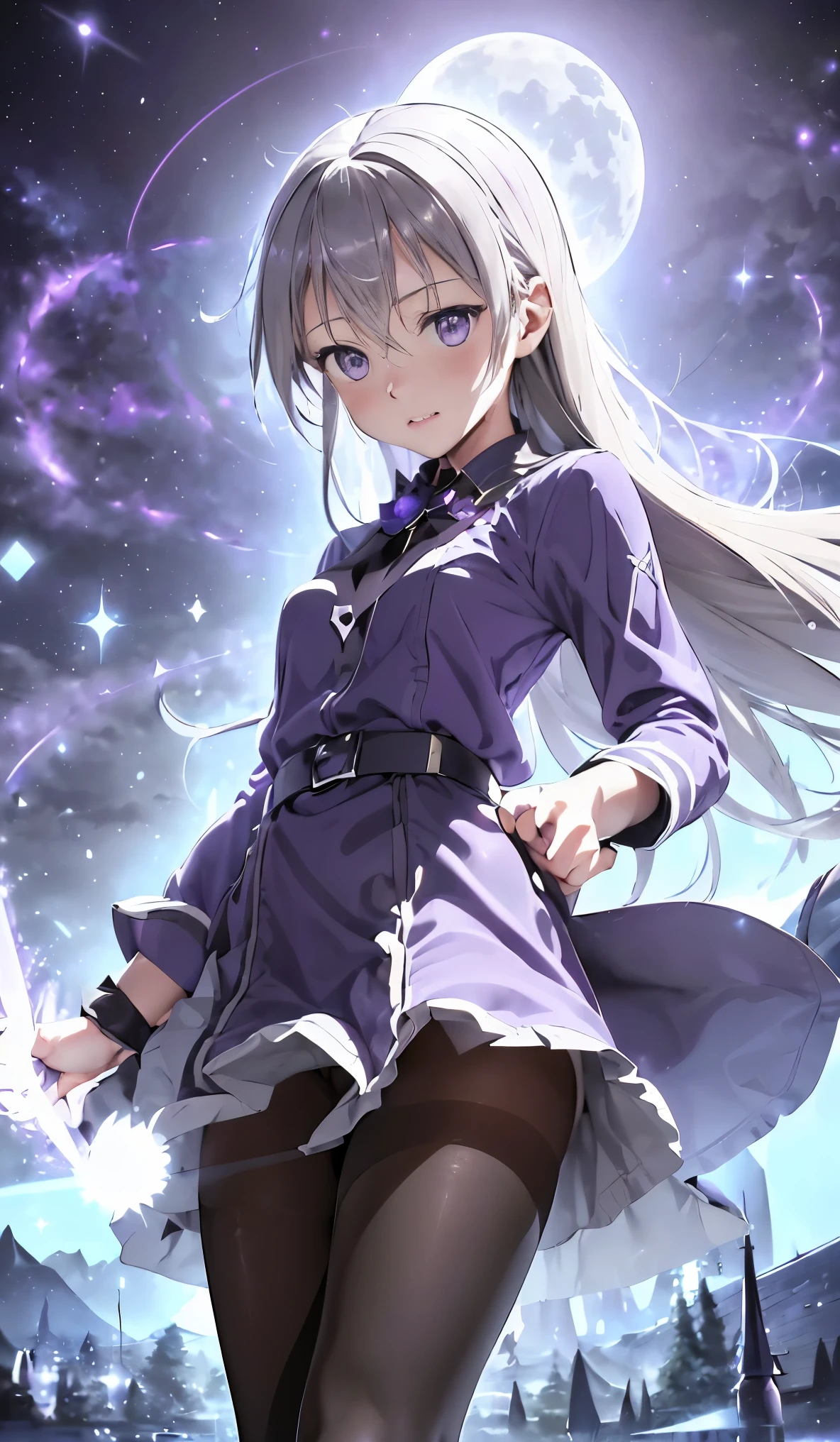 masterpiece、high quality、1 girl、alone、marie rose、cowboy shot、smooth hair、Expression full of individuality、(((purple and black witch uniform))、、((pantyhose))、(knee high boots)、night、magic school、((mini skirt))、full moon、purple ultra instinct effect、Purple Magic Circle、rune magic、inflammation、water、soil、thunder、ice、Wind