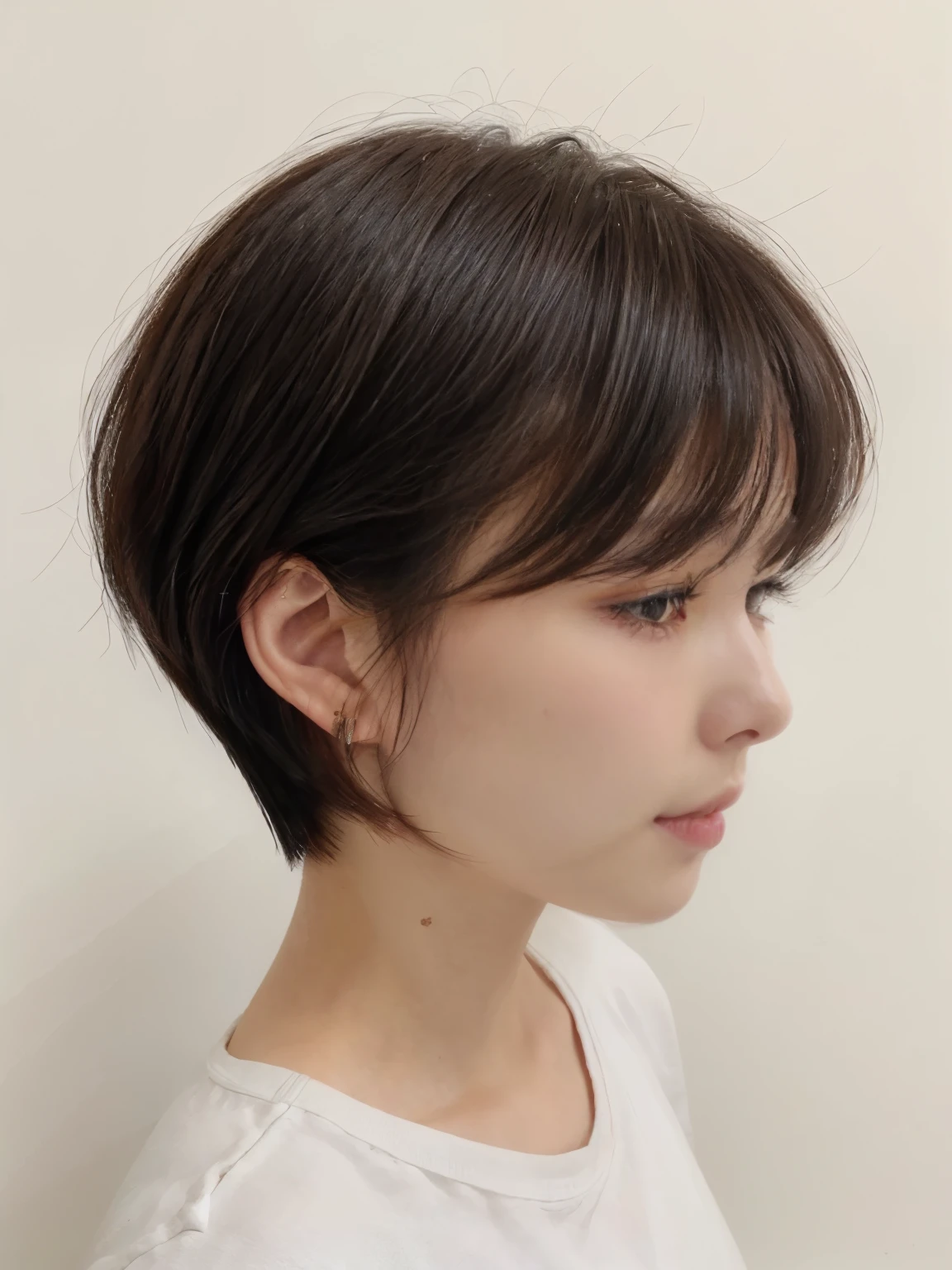 white wall、Taken in front of the white door、(8K、Raw photo、highest quality、masterpiece:1.2)、High-definition RAW color photo、professional photos、(realistic、フォトrealistic:1.37)、Photographed in natural light、She is wearing a camisole dress over a white T-shirt.、1 girl、laughter、Various poses、spring clothes、 necklace、(Beautiful profile:1.3)、don&#39;t look at the camera、profile、shortcut、black hair、short hair、Photographed in natural light、Dark orange hair color、earrings