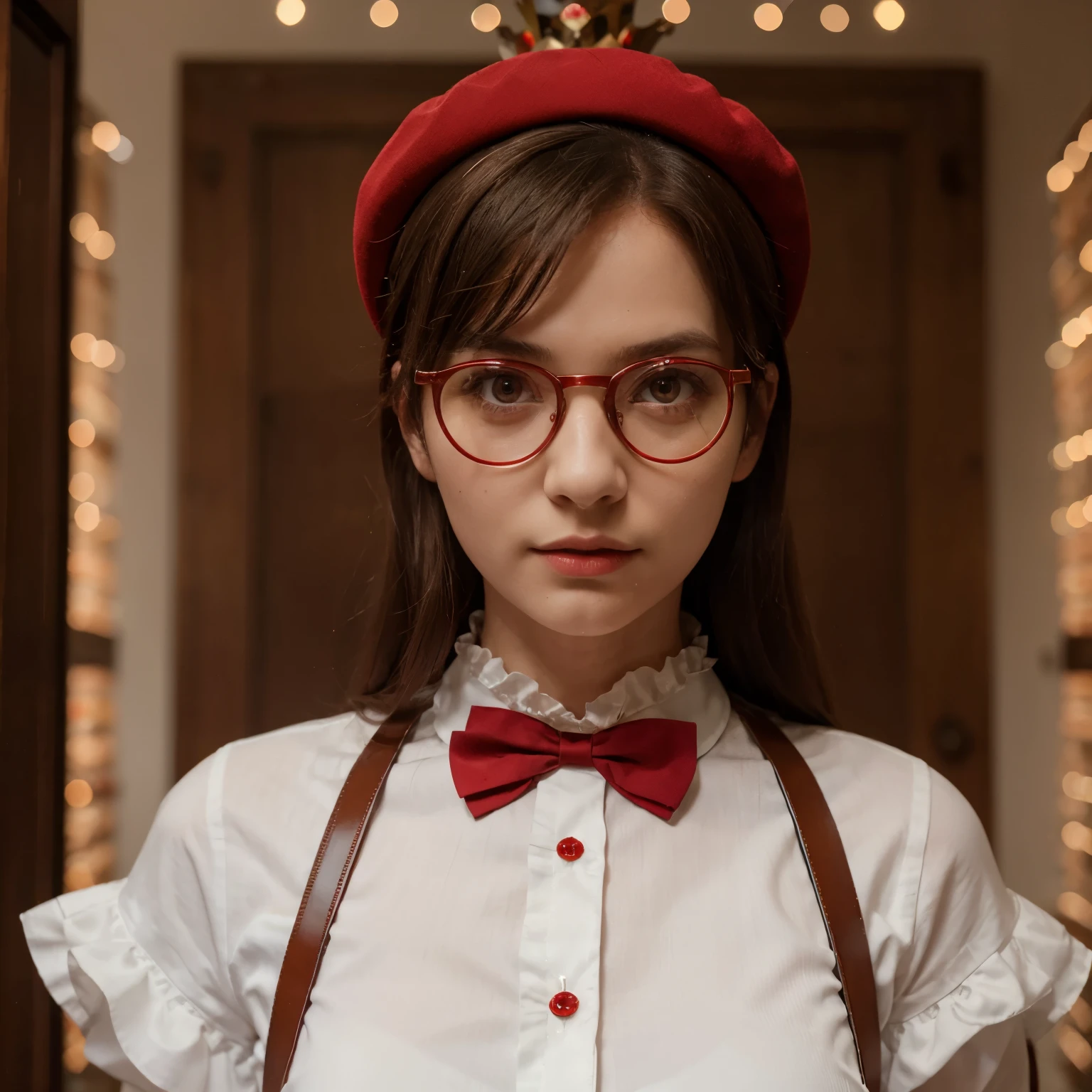 ((masterpiece, best quality)), aston machan (umamusume), upper body, , long sleeves, white shirt, frills, button, suspender, , espectacled, red-framed eyewear, red hat crown, , crazy eyes, glowing eye, ,