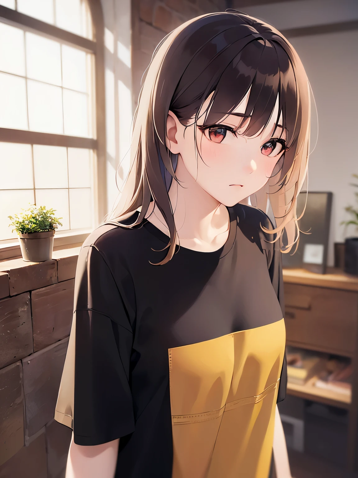 (looking away:1.2), looking down, Upper Body, Realistic, real person, (pale skin: 1.2), RAW photo, photorealistic, portrait photography, shiny skin, japanese idol、shiny hair、(25 year old woman with medium hair with bangs) and (wavy hair) and (brown hair) and (orange eyes) , BREAK (black) and (plain t-shirt) and (oversize) 、(sad:1.2), The background is the living room、Alone、Are standing