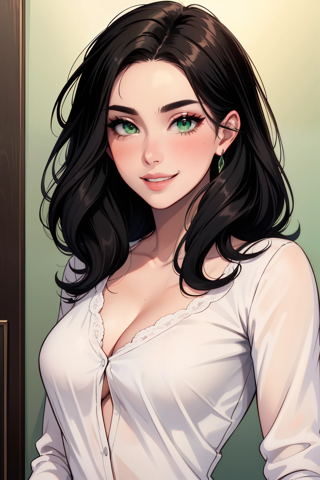 Amazing portrait of a sexy Spanish woman wearing her black messy hair, seductively gazing and smiling, soft lips, parted, blushing intensely, smiling, white blouse, medium chest, perfect body, perfect green eyes,