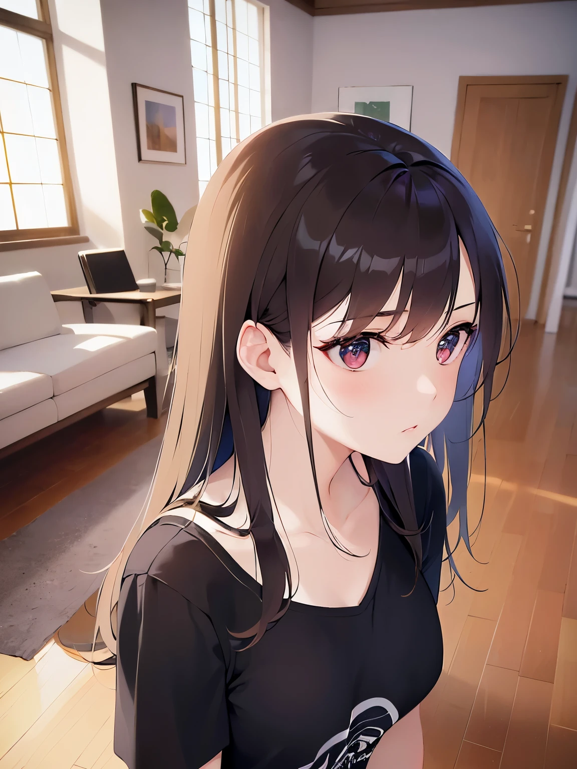 (looking away:1.2), looking down, Upper Body, Realistic, real person, (pale skin: 1.2), RAW photo, photorealistic, portrait photography, shiny skin, japanese idol、shiny hair、(25 year old woman with medium hair with bangs) and (wavy hair) and (brown hair) and (orange eyes) , BREAK (black) and (plain t-shirt) and (oversize) 、(sad:1.2), The background is the living room、Alone、Are standing