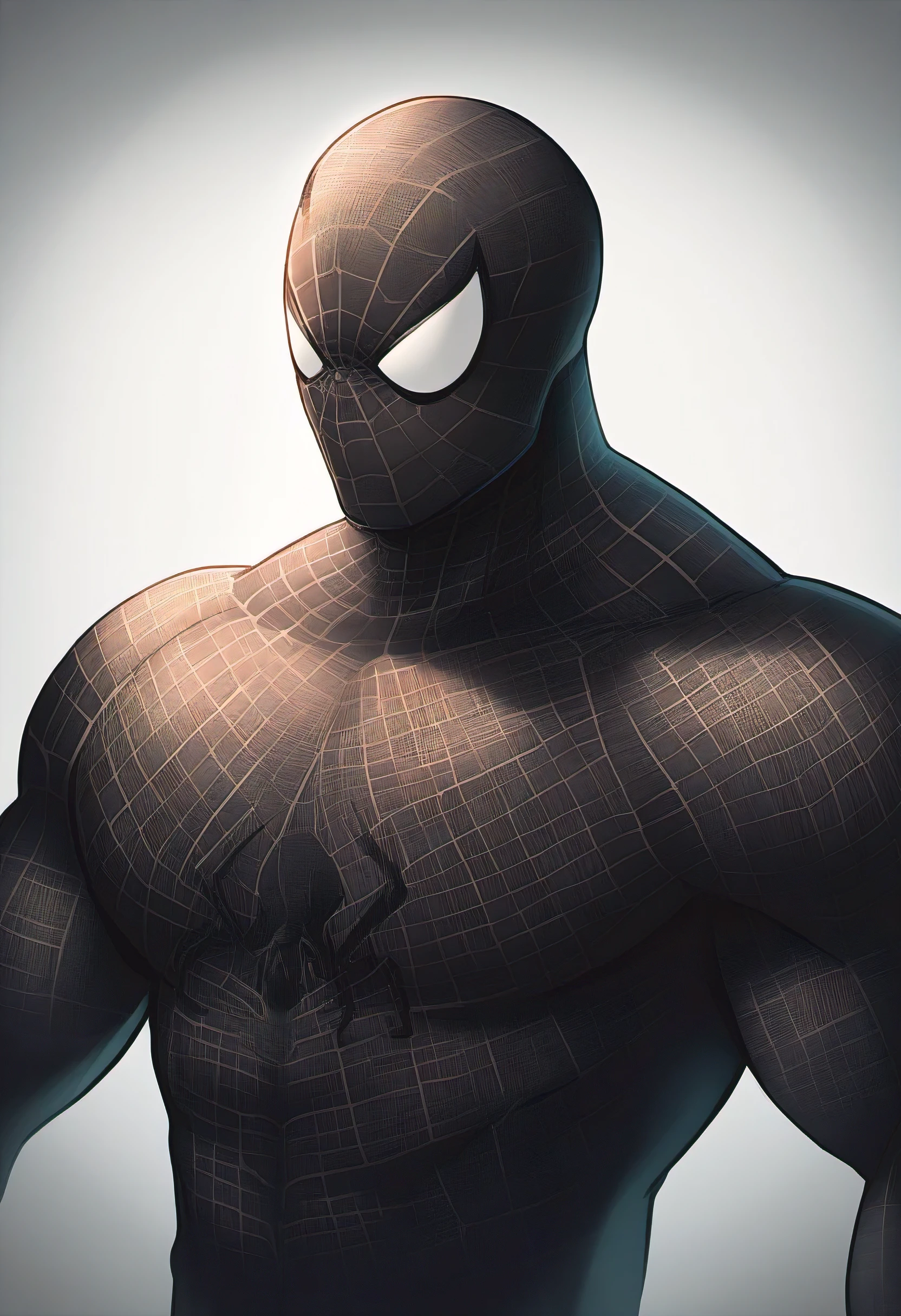 anime characters:Black Spider-Man, Muscular Spider-Man, male focus, 没有Spider-Man logo, Upper body, buzz clip, He is wearing black tights, small grid texture, spiderman mask, Spider-Man logo, muscular man, extra large breasts, only, alone, White background, Simple background, amazing quality, best aesthetics, ridiculous, short hair, shadow, best quality