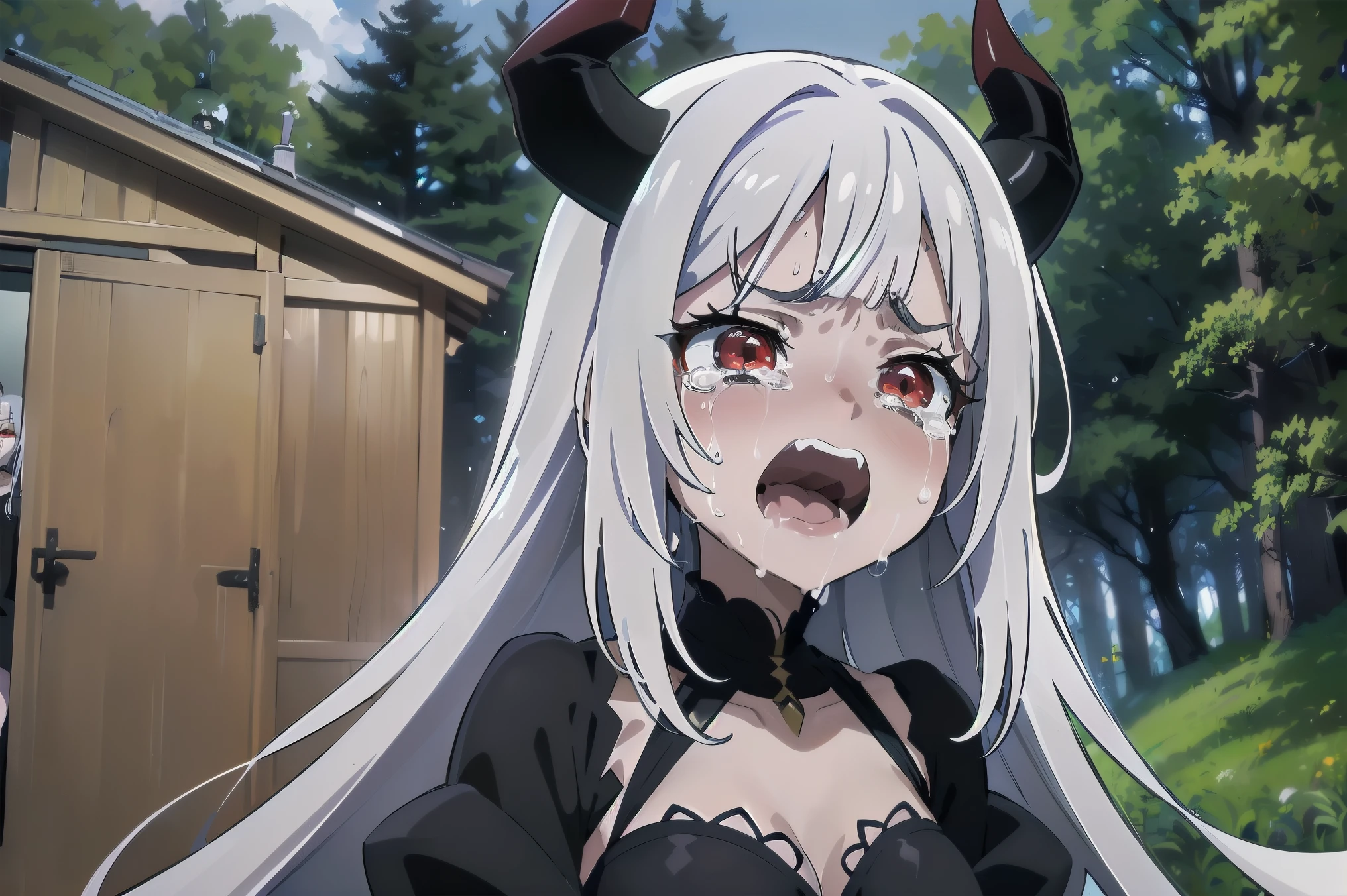 ((woman with long gray hair with ponytail and red eyes)),((dark skin, pink pussy, white breasts)),((muscle)),((folded arms)),((facing the creeper)),((giant breasts, bare breasts, completely naked)),((grabbing breasts, bad-tempered face)),((in a bad haunted castle, at night)),