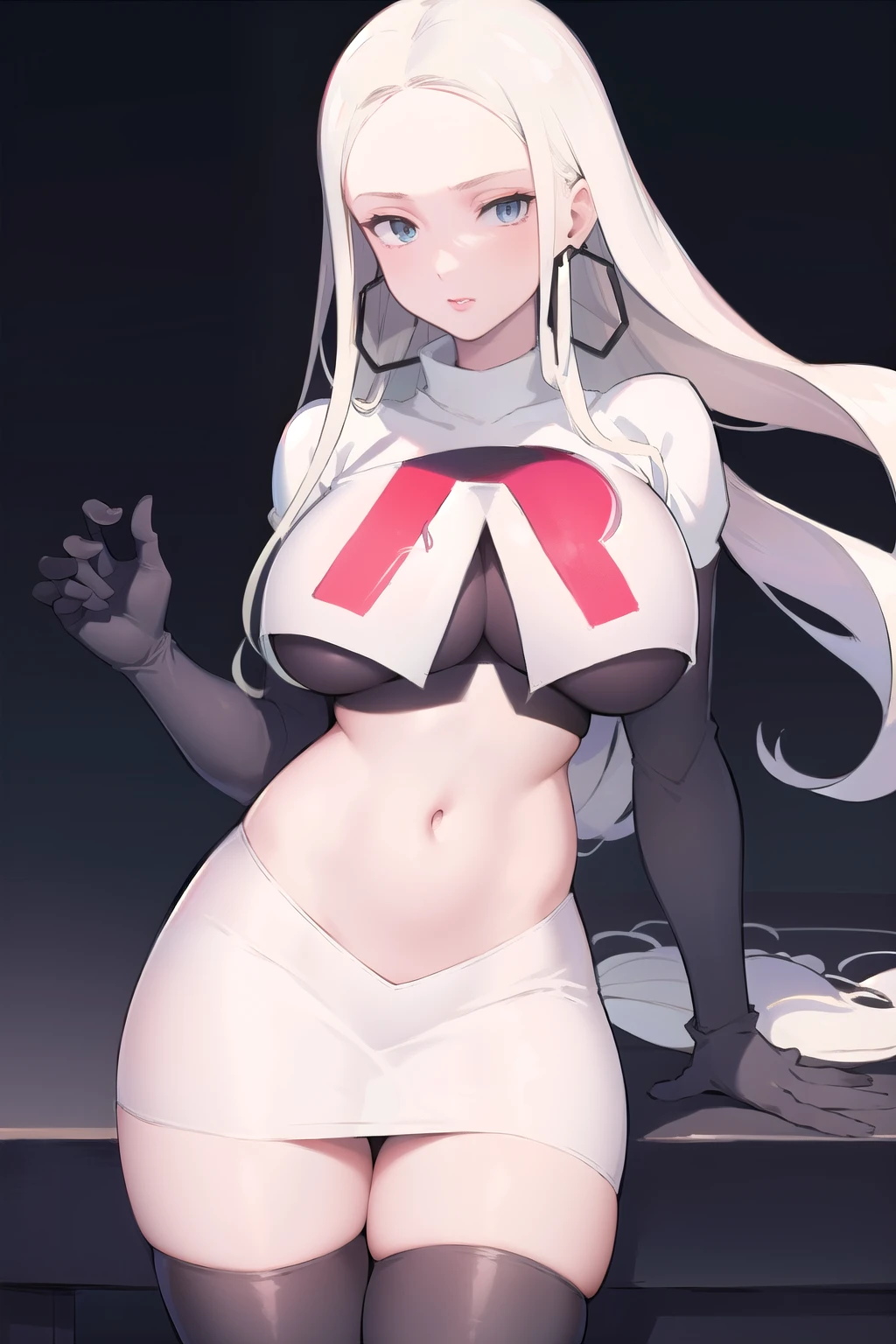 masterpiece, best quality,  oleana, long hair, sidelocks, hoop earrings, lipstick, large breasts, looking at viewer, team rocket,team rocket uniform, red letter R, white skirt,white crop top,black thigh-highs,black elbow gloves,