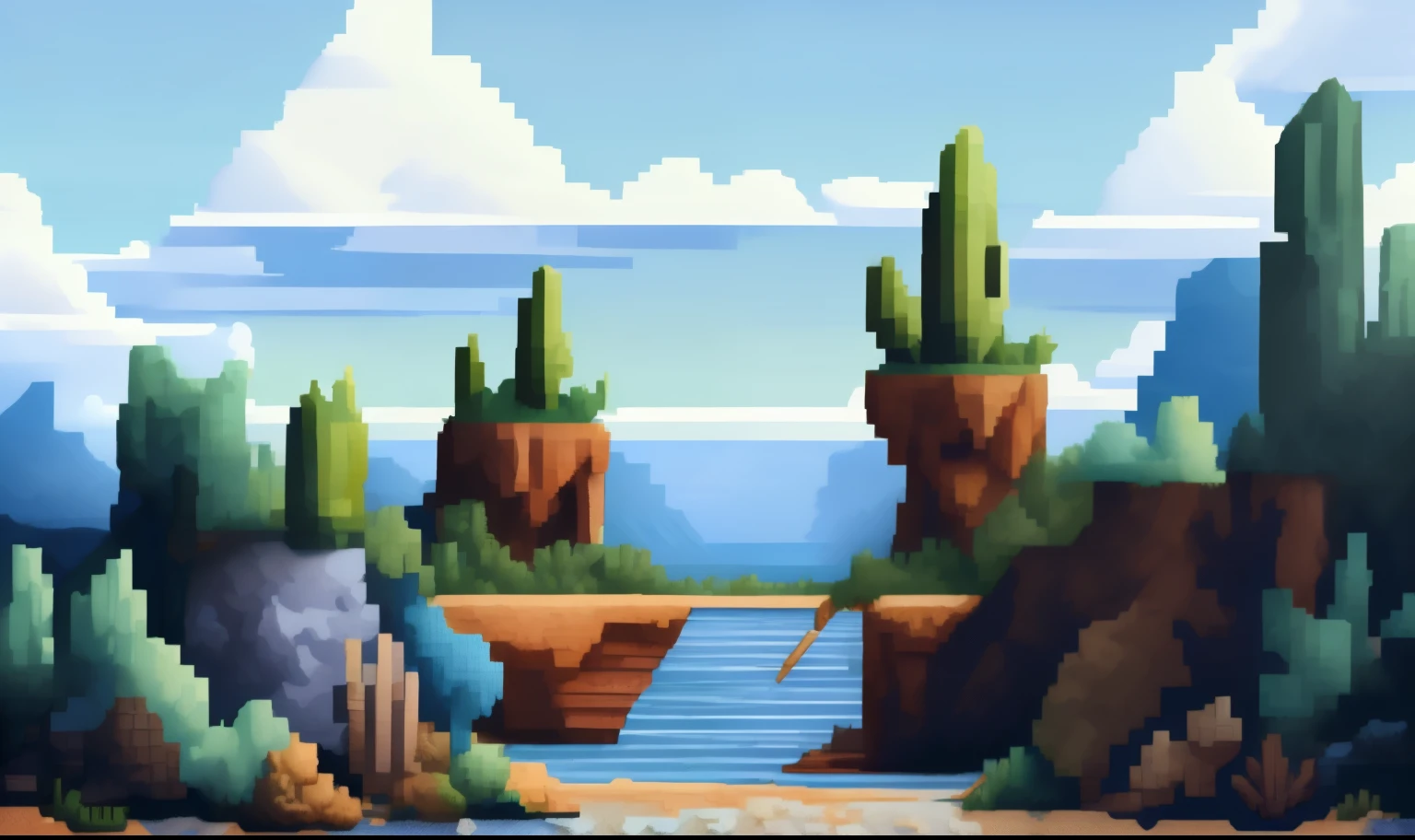 A picture of blue sky and white clouds in pixel art realistic style，Beach landscape photos, cactus, and the mesa in the distance., Video game concept art 