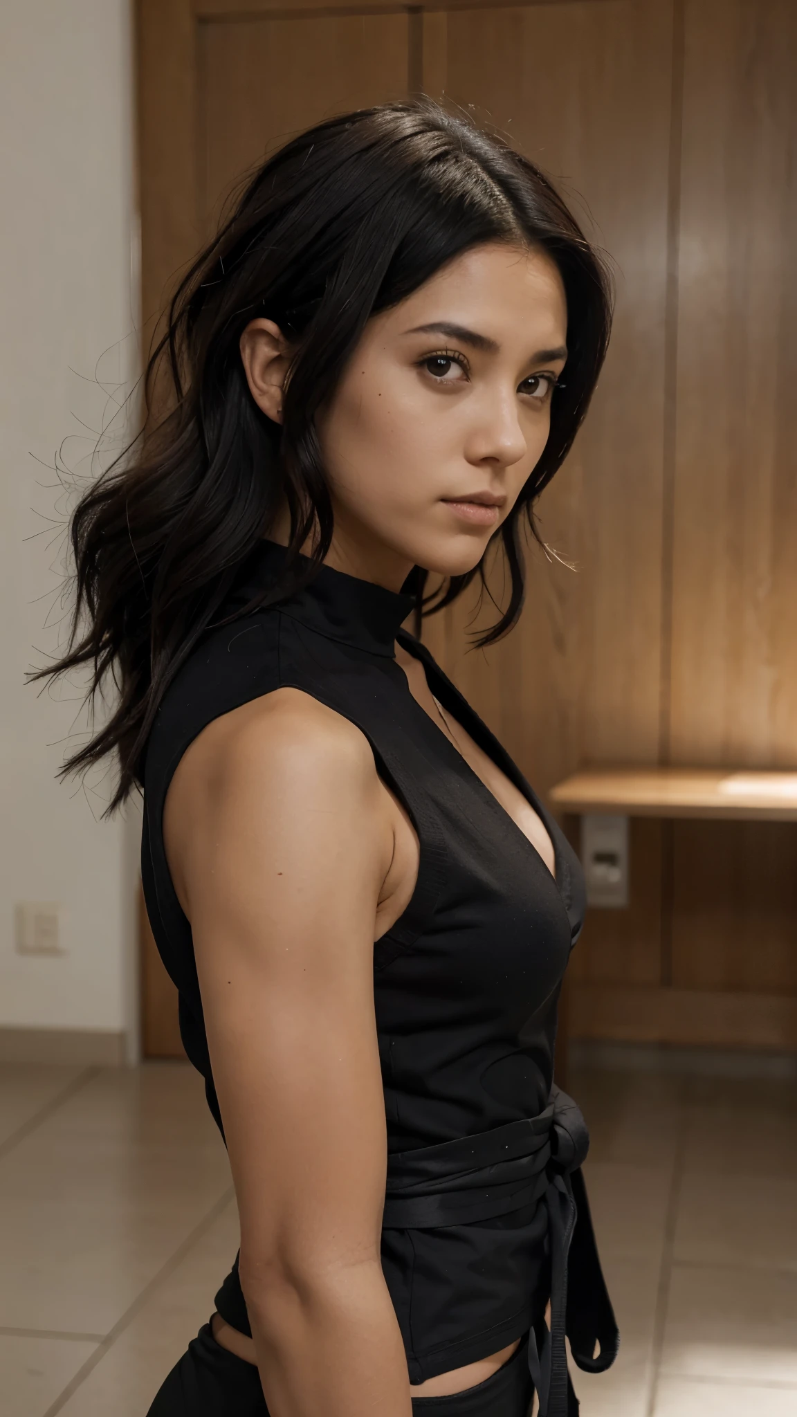 mujer adulta del estilo anime jujutsu kaisen de baja estatura, de pelo negro, pelo muy largo y ondulado, Latin brunette skin color, justo a personajes de jujutsu kaisen