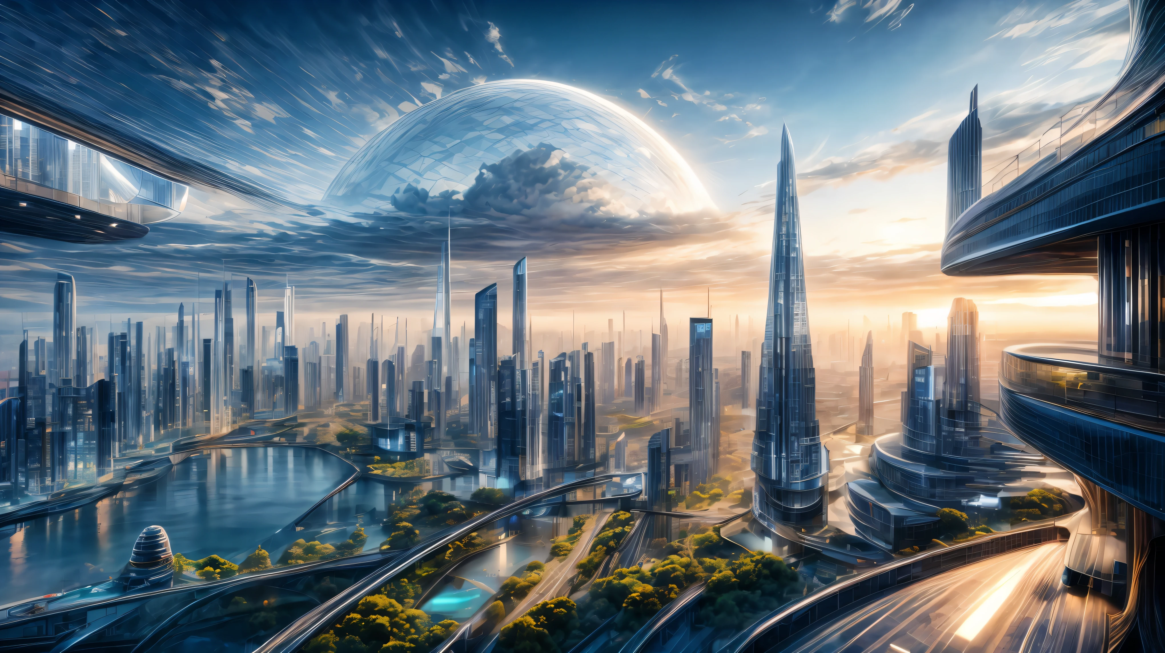 (Best quality,4K,8K,A high resolution,Masterpiece:1.2),Ultra-detailed,(Realistic,Photorealistic,photo-realistic:1.37),Futuristic floating city,Futuristic technology,Huge urban high-tech tablet platform,Airship,Floating in the sky,Futuristic city,Small airships around,High-tech hemispherical platform,Colorful lights,Advanced architecture,modernn architecture,skyscrapper,Access the cloud,Scenic beauty,view over city,Impressive design,Blend seamlessly with nature,energetic and vibrant atmosphere,Futuristic transportation system,Parking is suspended,Transparent path,Lush greenery,Sky gardens,cascading waterfalls,Magnificent skyline,reflections on the water,Sparkling river,Architectural innovation,futuristic skyscrapers,Transparent dome,The shape of the building is unusual,Elevated walkway,Impressive skyline,Glowing lights,Futuristic technology,Minimalist design,Scenic spots,Panoramic view,Cloud Piercing Tower,Vibrant colors,epic sunrise,epic sunset,Dazzling light display,magical ambiance,The future city,Urban Utopia,LuxuryLifestyle,Innovative energy,sustainable development,Smart city technology,Advanced infrastructure,Tranquil atmosphere,Nature and technology live in harmony,Awesome cityscape,Unprecedented urban planning,Architecture connects seamlessly with nature,High-tech metropolis,A cutting-edge engineering marvel,The future of urban living,Visionary architectural concept,Energy-efficient buildings,Harmony with the environment,A city floating above the clouds,Utopian dreams become reality,The possibilities are endless,State-of-the-art transportation network,Green energy integration,Innovative materials,Impressive holographic display,Advanced communication system,Breathtaking aerial view,Quiet and peaceful environment,Modernist aesthetics,Ethereal beauty