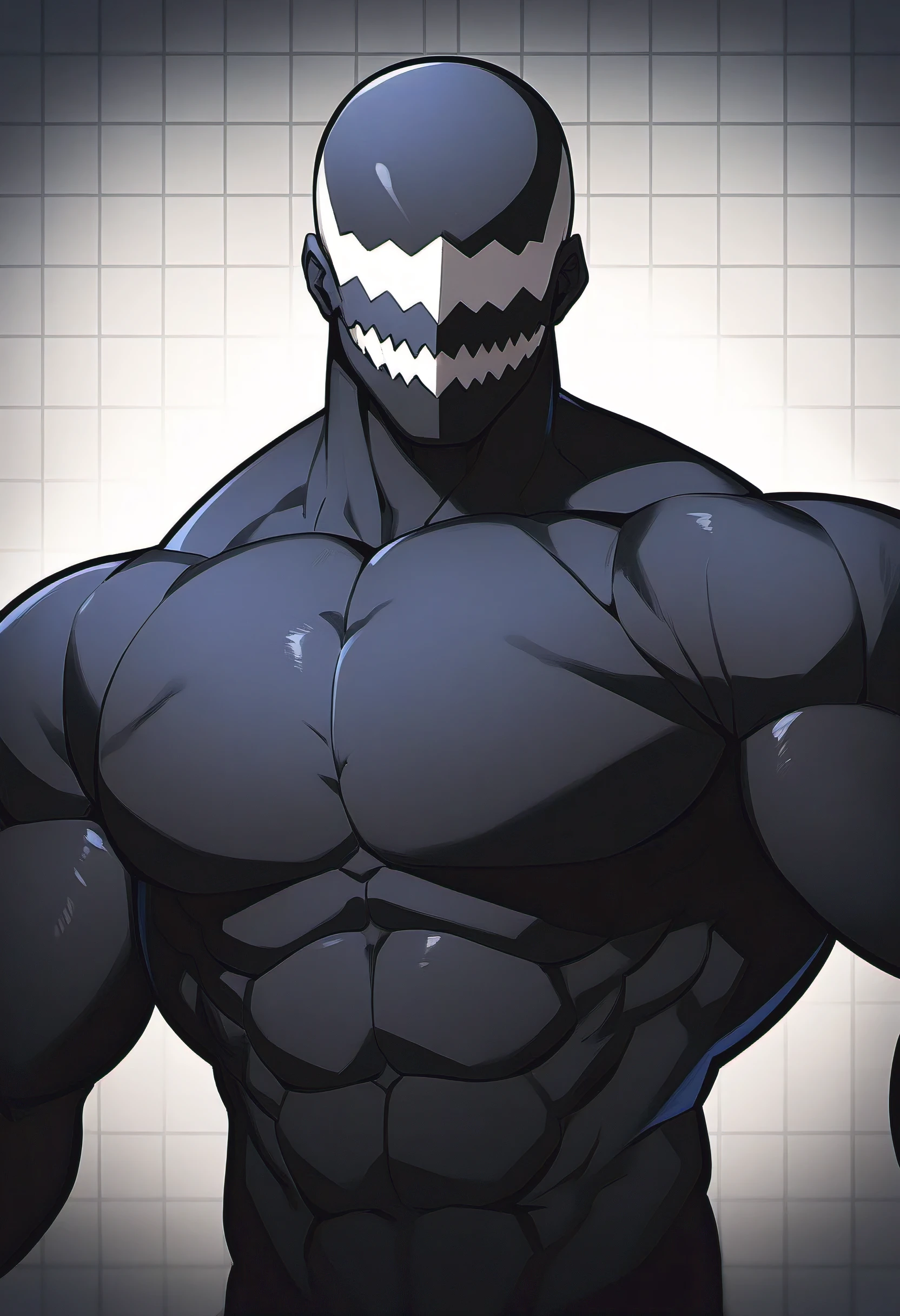 anime characters：黑色毒液muscular man, male focus, Upper body, buzz clip, He is wearing black tights, small grid texture, mask, muscular man, extra large breasts, only, alone, White background, Simple background, amazing quality, best aesthetics, ridiculous, short hair, shadow, best quality