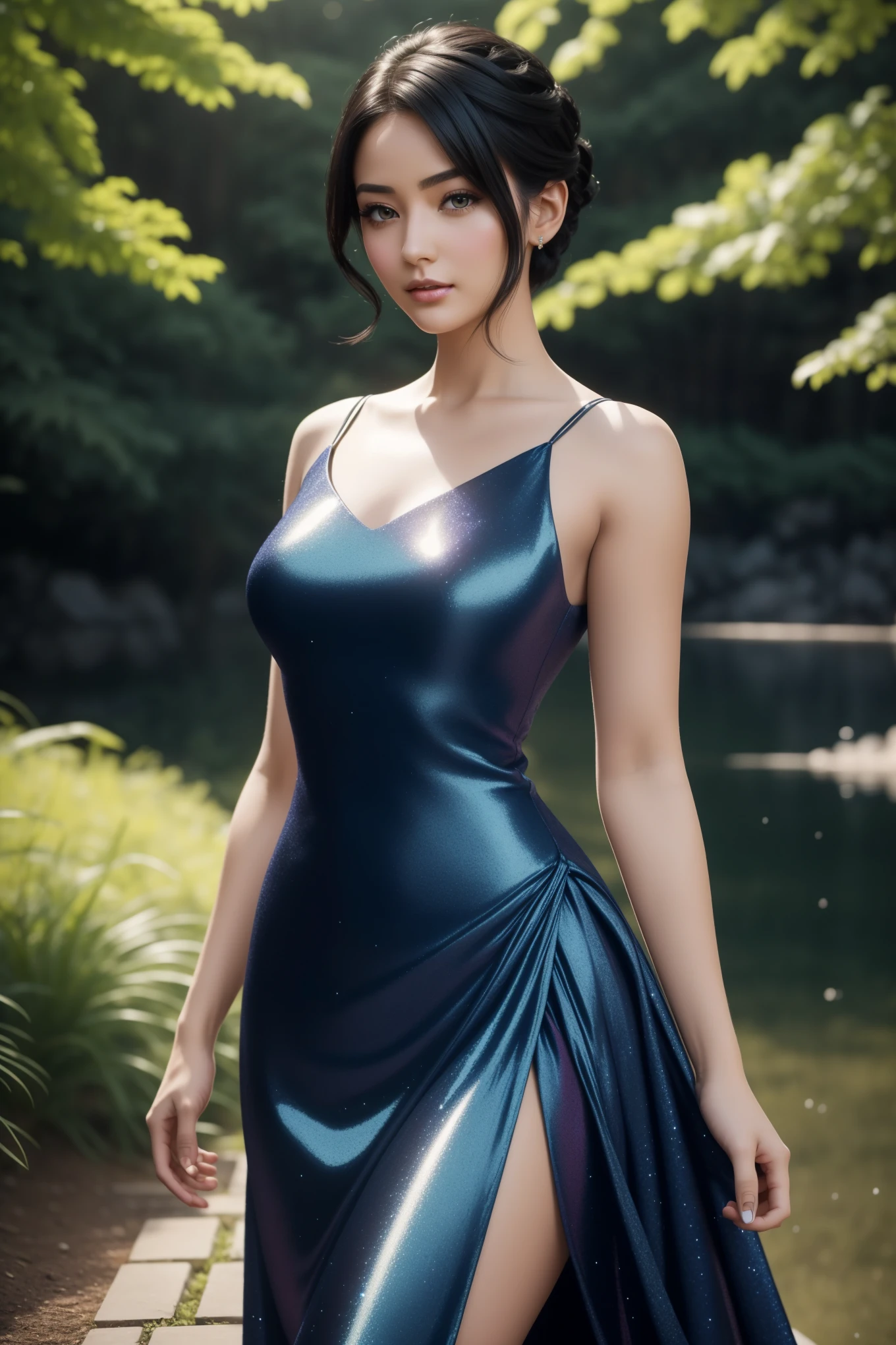 A stunningly beautiful robot woman, standing amidst the serene beauty of nature, radiates an inviting aura at the age of 25. Her jet-black short hair cascades down her shoulders, framing her perfectly sculpted face. With a stylist pose, she gracefully displays her outfit - an elegant dress that flters her waistline. Her sweet makeup enhances her beautiful eyes, which sparkle with life and wonder.

Captured with a 35mm lens, this photorealistic image features soft focus, creating an ethereal effect. Bathed in beautiful lighting, the vibrant colors of the scene come to life, showcasing the rich details of the robot woman'