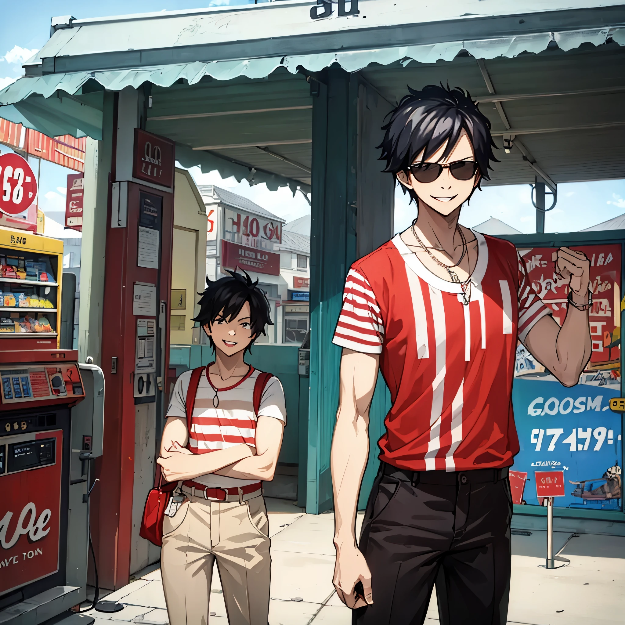 A man wearing a red and beige striped cotton shirt from the 1950s, wearing white pants, wearing sunglasses, straight black hair, smiling, at a gas station from the 1950s, day
