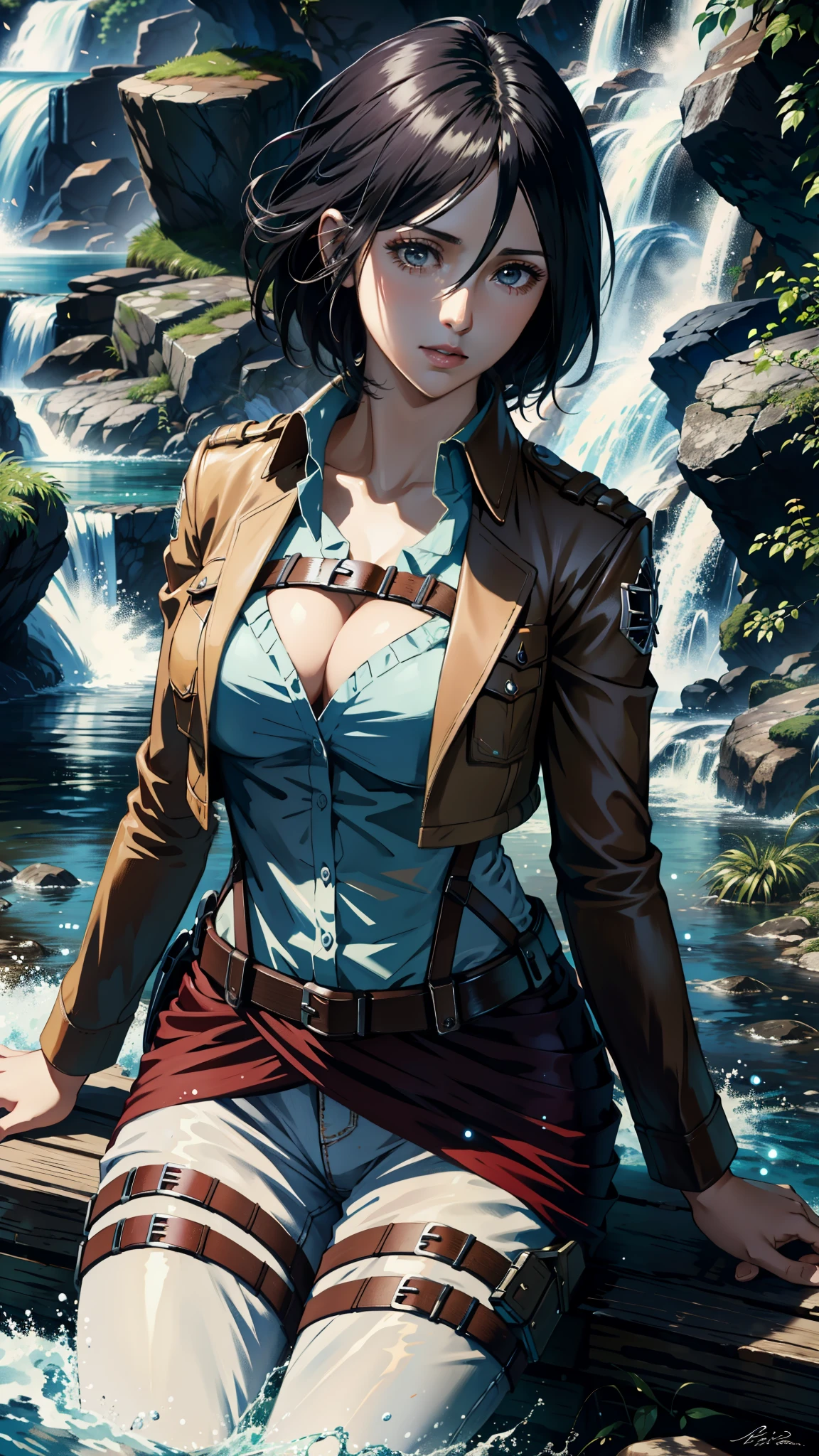 full body,waterfall background,cleavage, 4k image, (masterpiece:1.2, best quality), photorealistic, (hyperrealistic:1.2), beautiful, AOT's Mikasa