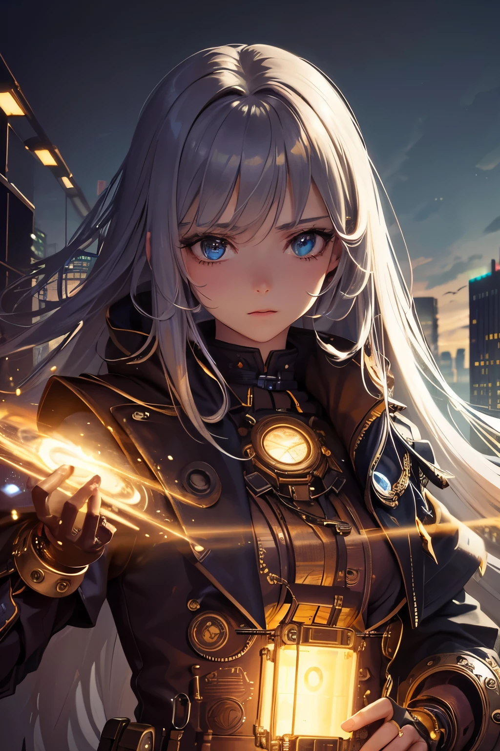 8K quality:1.2,1girl,sense of deps,disorganized,catch light,Super beautiful illustration,long straight hair,beautiful face,detailed face,Super beautiful woman,steampunk,adventurer.covered in endless gears,vapor,near future,SF,pipe,vapor町,Rebar