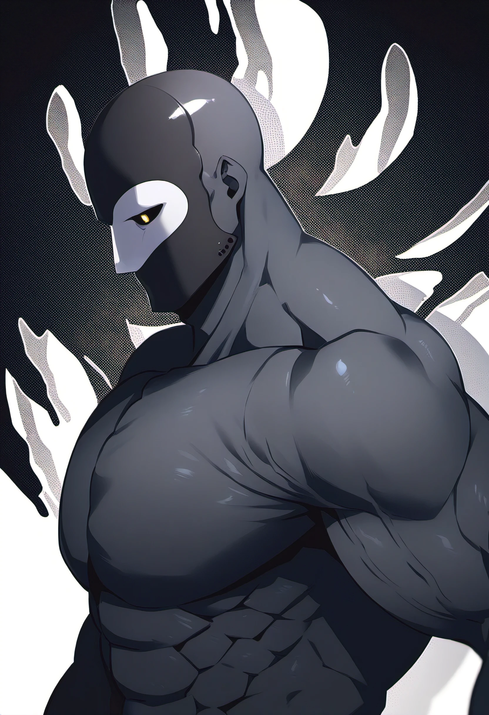 anime characters:黑色毒液muscular man, male focus, Upper body, buzz clip, He is wearing black tights, small grid texture, mask, muscular man, extra large breasts, only, alone, White background, Simple background, amazing quality, best aesthetics, ridiculous, short hair, shadow, best quality