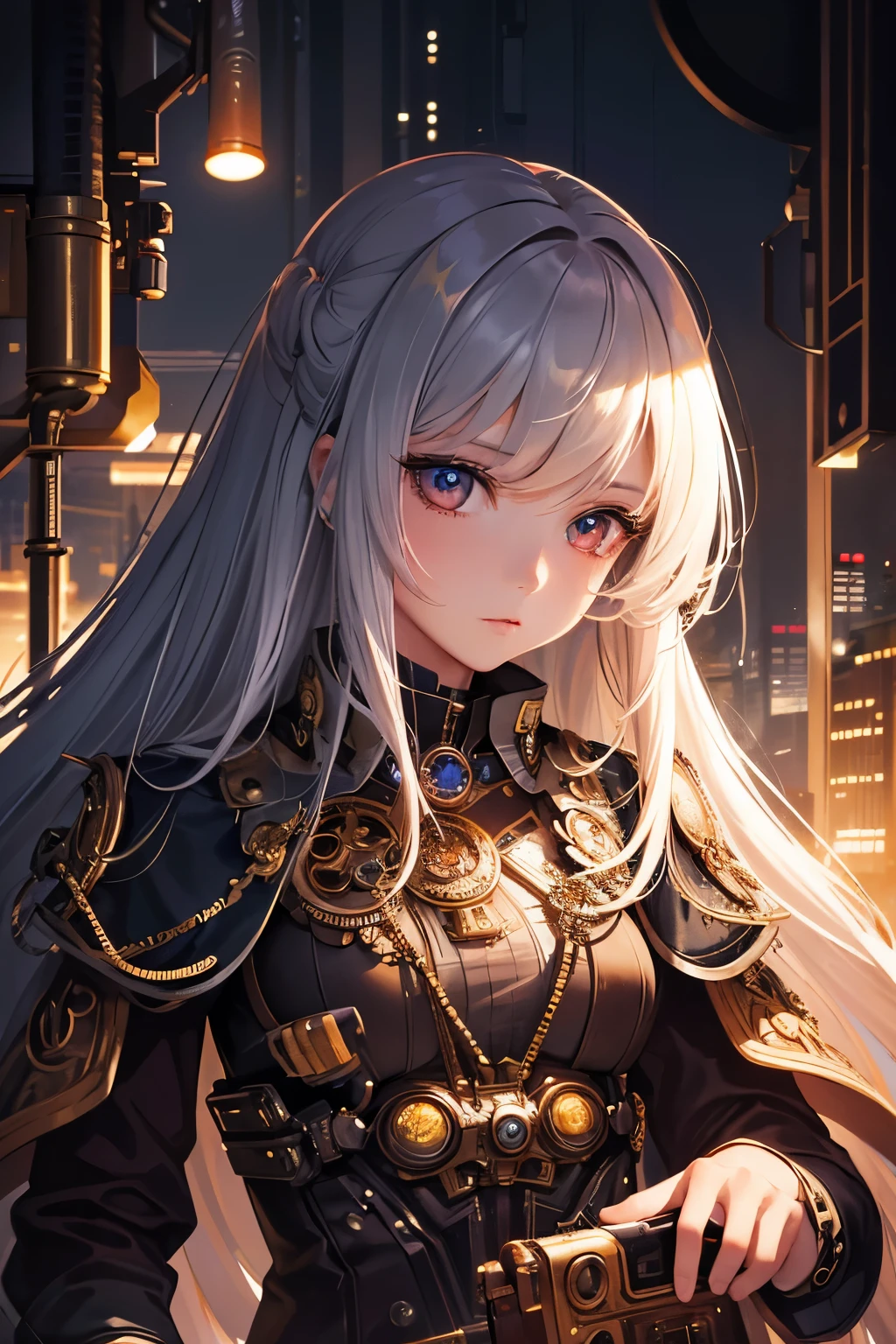 (Masterpiece, Sidelighting, Finely Detailed Beautiful Eyes: 1.2), (Masterpiece*Portrait), Portrait, (Bust), Realistic, 3D Face, Lusious Skin, ((Solo)), (Close-up of Face), Scarlet Eyes, Hanging Corners, (Highly Detailed Skin, Visible Pores)), (Slim Body) , a beautiful steampunk girl with small breasts, business suit