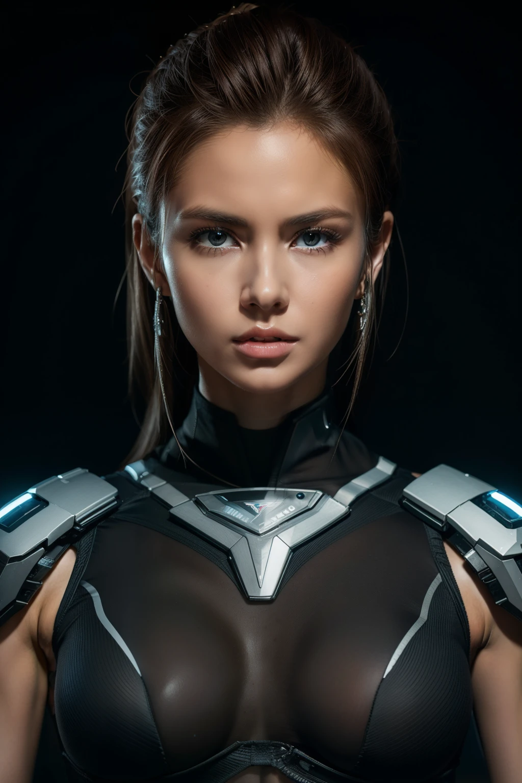 (cybersoldier style aesthetic), bust to waist, (half body), (beauty shape), sensual look, determined, powerful pose, perfect skin, hyperrealistic masterpiece, in extremely complex & superdetailed black and white seamless plugsuit, cinematic illumination, 8k, symmetrical eyes, realistic, sharp focus, HD, highly detailed, intricate details, photography, studio portrait, detailed, cinematic lighting, determined:1,2, brave