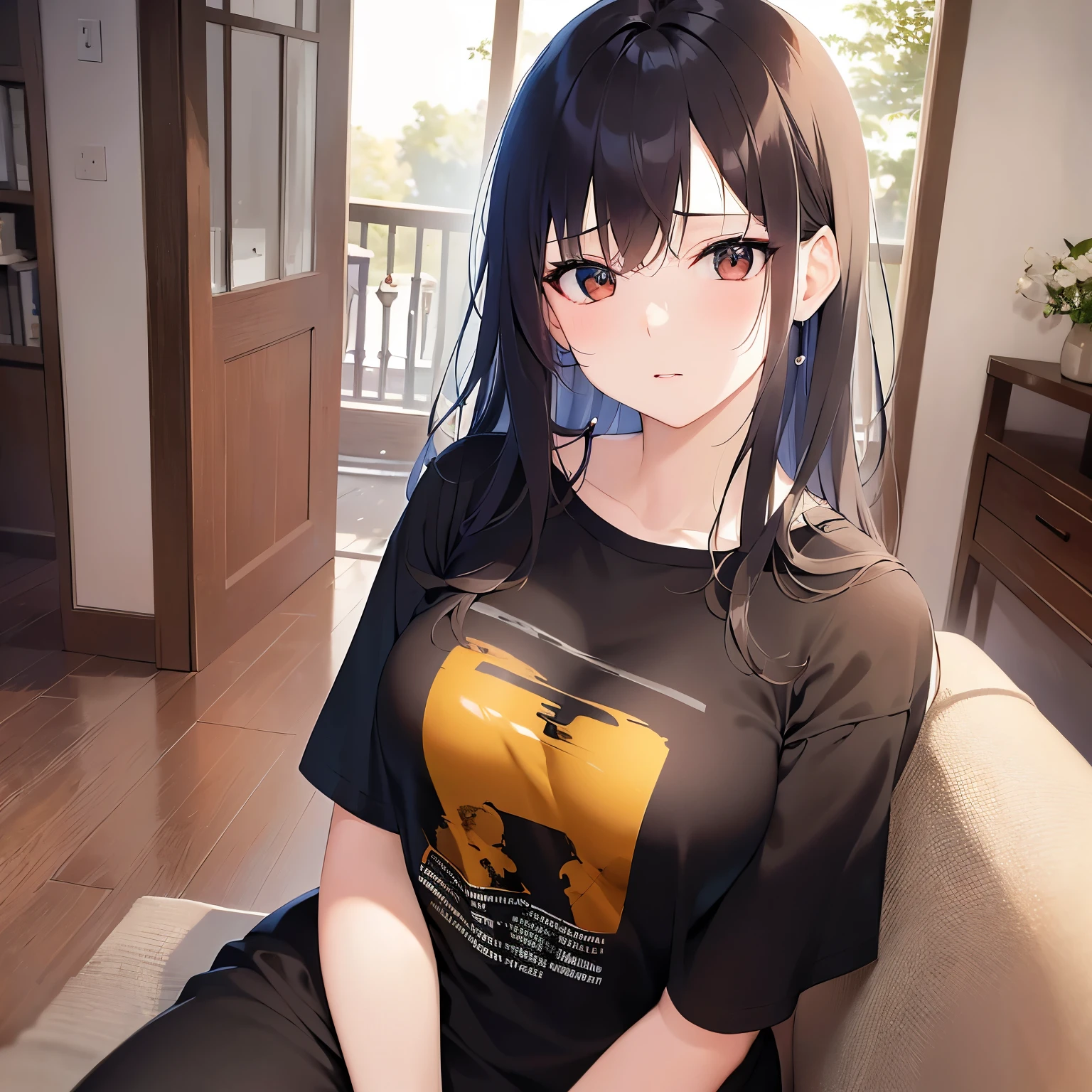 Upper Body, Realistic, real person, (pale skin: 1.2), RAW photo, photorealistic, portrait photography, shiny skin, japanese idol、shiny hair、(25 year old woman with medium hair with bangs) and (wavy hair) and (brown hair) and (orange eyes) , BREAK (black) and (plain t-shirt) and (oversize) 、(sad:1.2), The background is the living room、Alone、Are standing