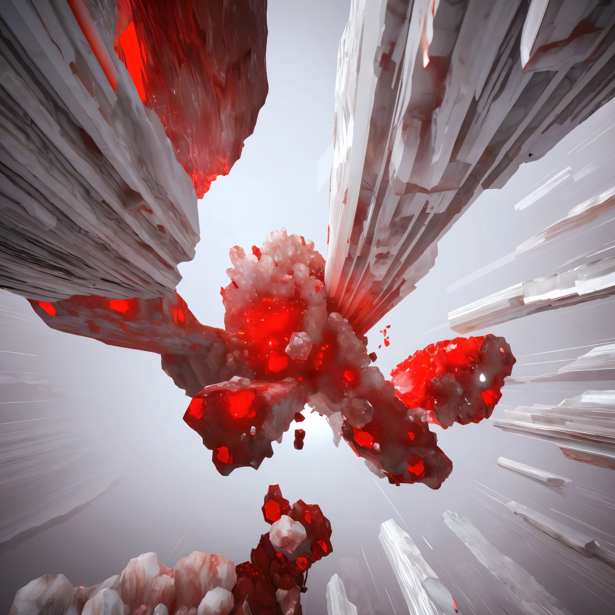 dream-like art beautiful minerals, cracked white surface glowing pale red stalactite,stalactite、 Super detailed, incredible lighting, very detailed, 8K, unreal engine 5, 3D rendering