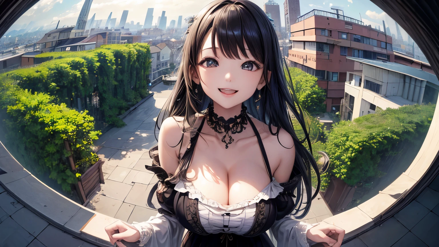 High resolution、Super detailed、(1 girl:1.3)、complex architecture、lush garden、Designing images using the fisheye effect、Capture a wide field of view with a unique curved perspective、panoramic cityscape、Creating elevation-aware rooftop views in urban environments、smile、cleavage、close up of face