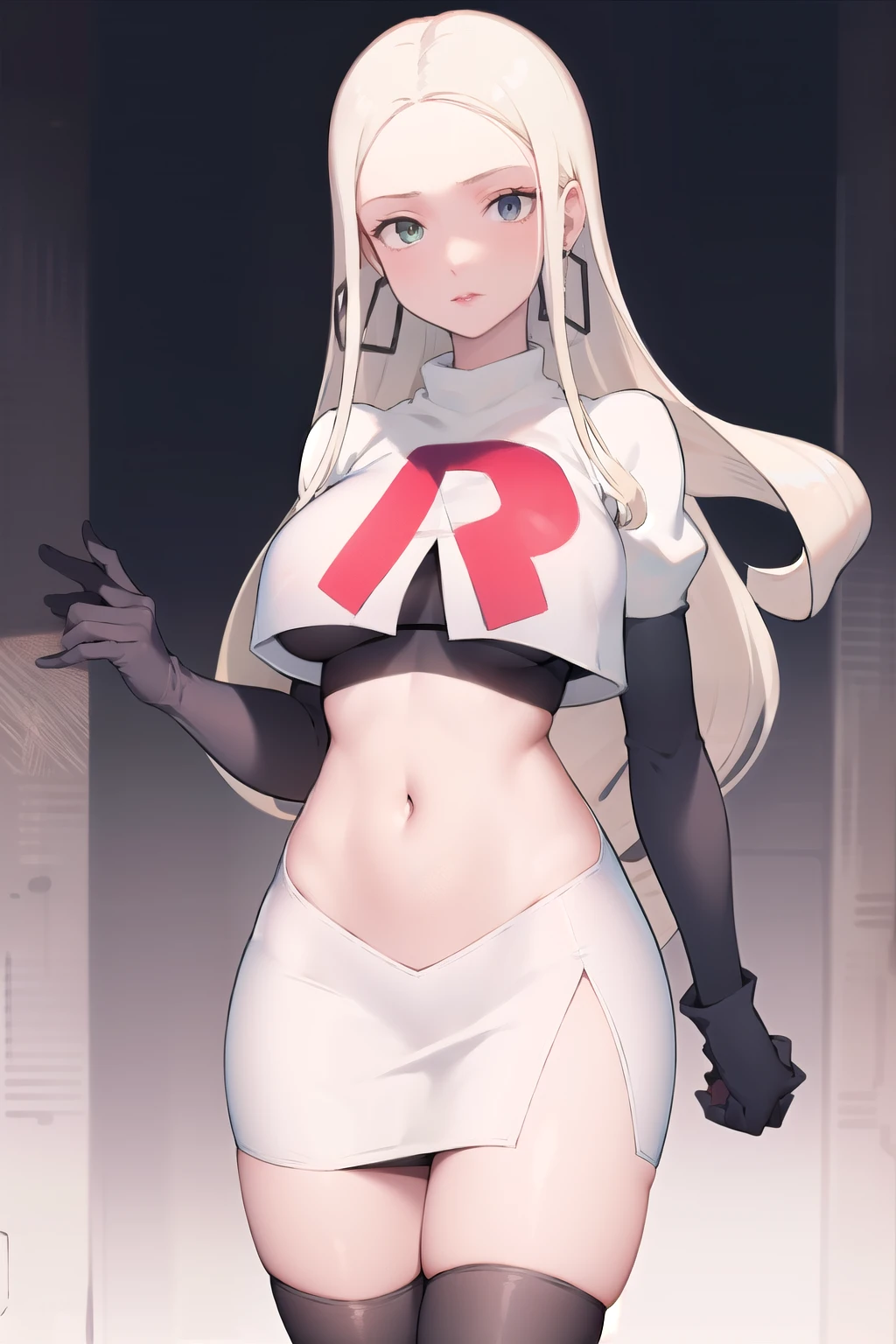 masterpiece, best quality,  oleana, long hair, sidelocks, hoop earrings, lipstick, large breasts, looking at viewer, team rocket,team rocket uniform, red letter R, white skirt,white crop top,black thigh-highs,black elbow gloves,